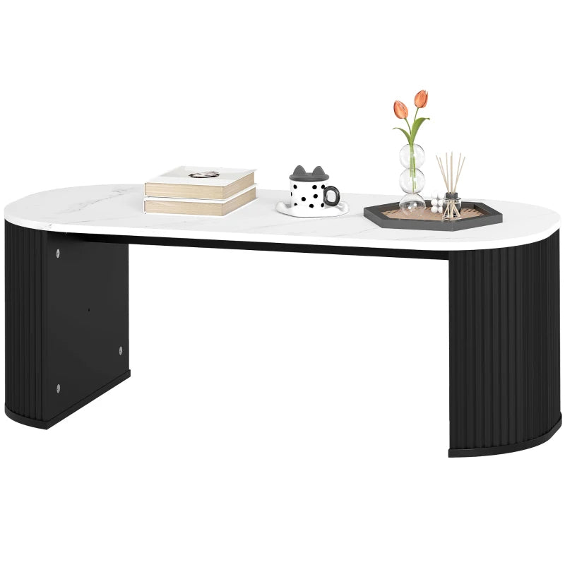 Coffee Table, Modern Marble-Effect Living Room Table with Round Corners and Thicken Legs, Black