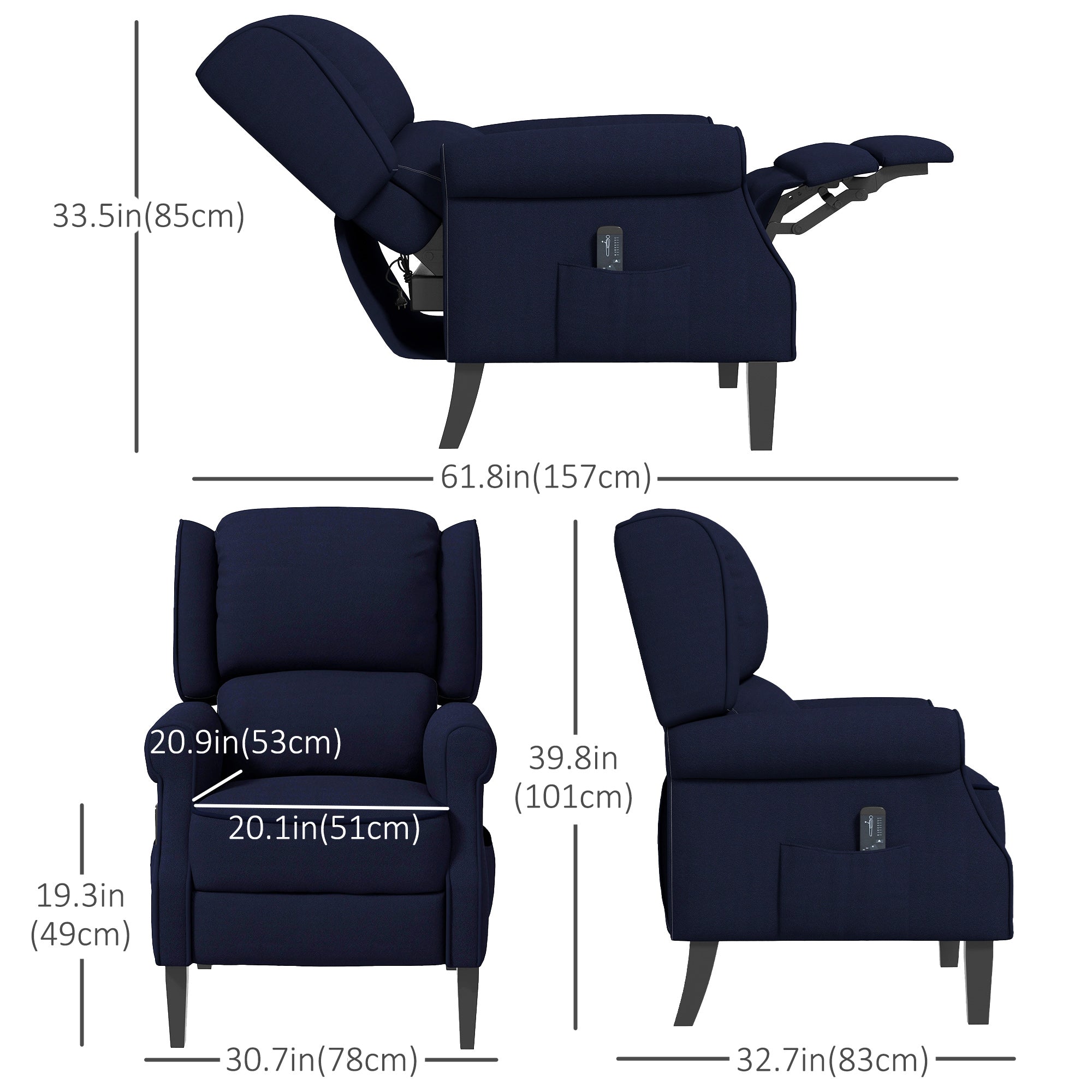 HOMCOM Push Back Recliner Chair with Vibration Massage, Extendable Footrest - Blue, Ideal for Living Room Comfort