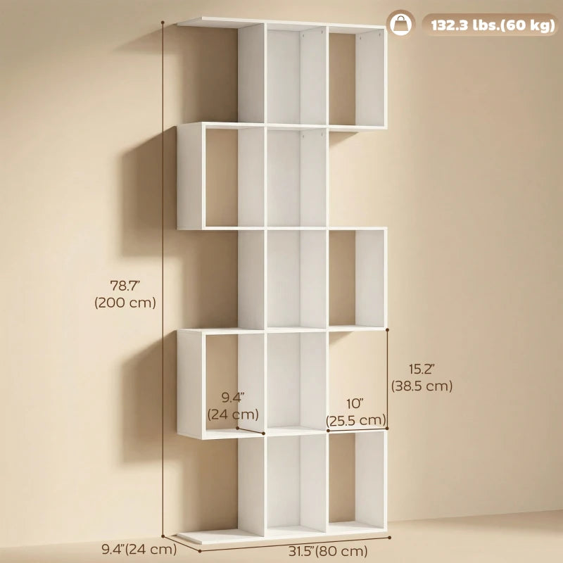 5-Tier Bookshelf, S Shaped Geometric Bookcase with 15 Compartments, White Wood Grain
