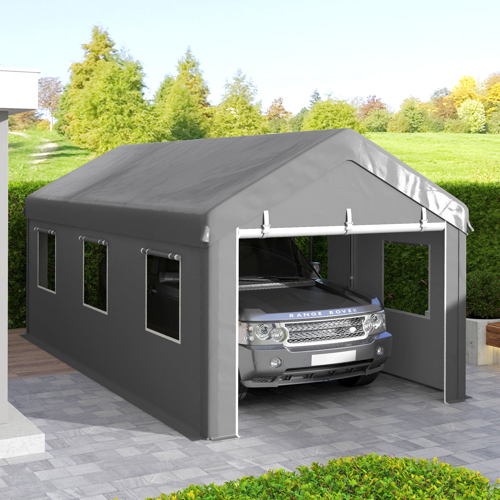 Outsunny Portable Carport 10'x20' Heavy Duty Garage Shelter with Mesh Windows Doors Grey