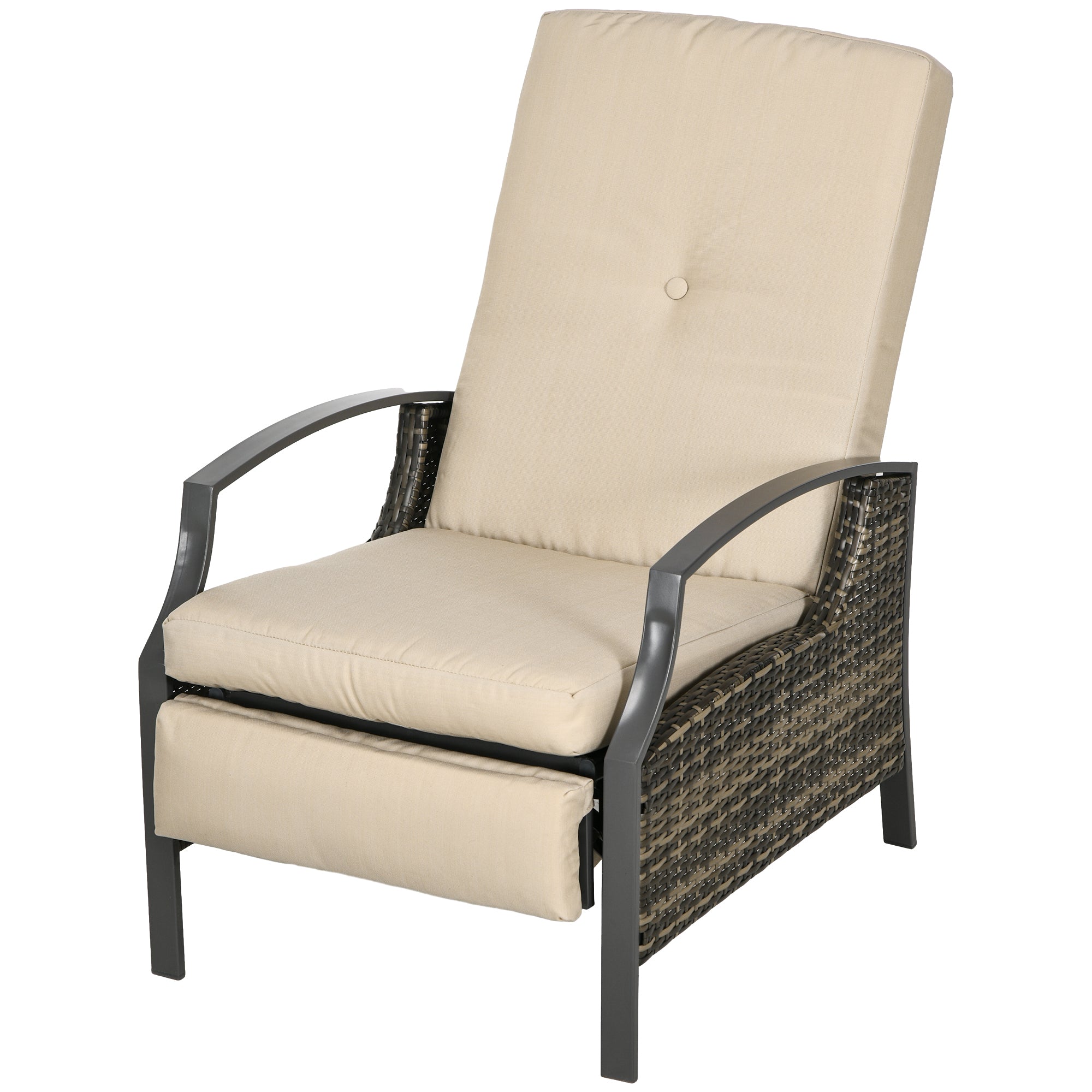 Outsunny Rattan Recliner Chair for Outside Wicker Reclining Chair with Adjustable Back Retractable Footrest Cushion Khaki