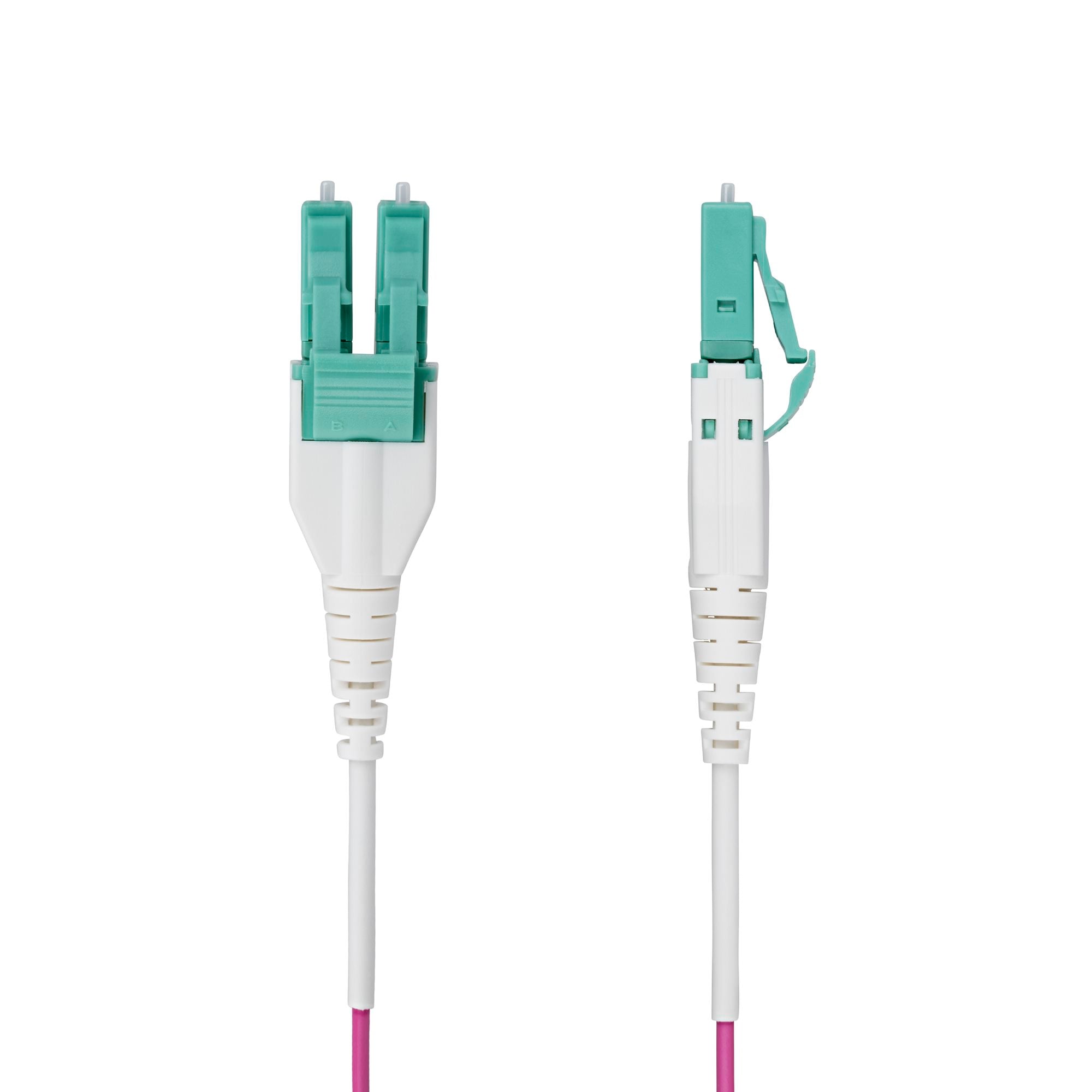LC to LC (UPC) OM4 Multimode Fiber Optic Cable, Erika Violet, 50/125µm, 40G/100G, LOMMF/VCSEL, Uniboot Fiber Jumper Cord, OFNR Riser Rated