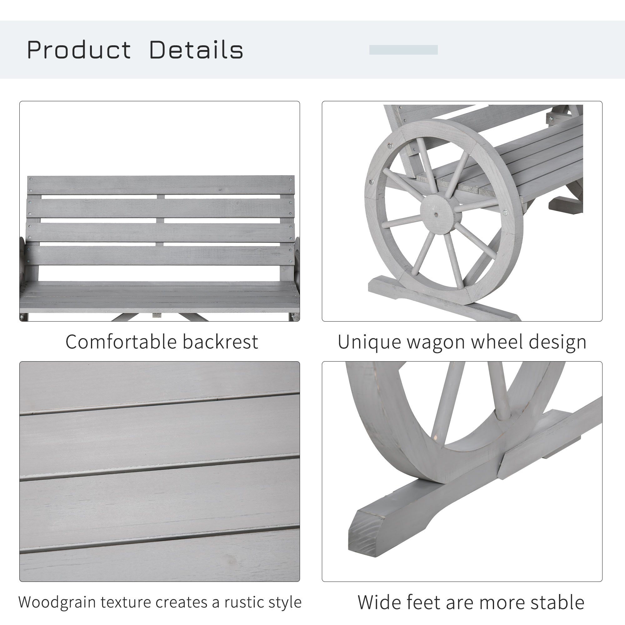 Outsunny 42" Wood Wagon Wheel Bench Rustic Garden Loveseat Outdoor Lounge Chair Grey
