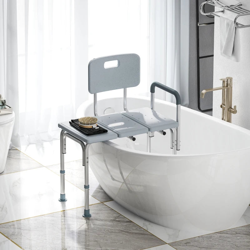 6-Level Adjustable Bath and Shower Transfer Bench Aluminum Chair with Non-Slip Feet, Armrest & Backrest Grey