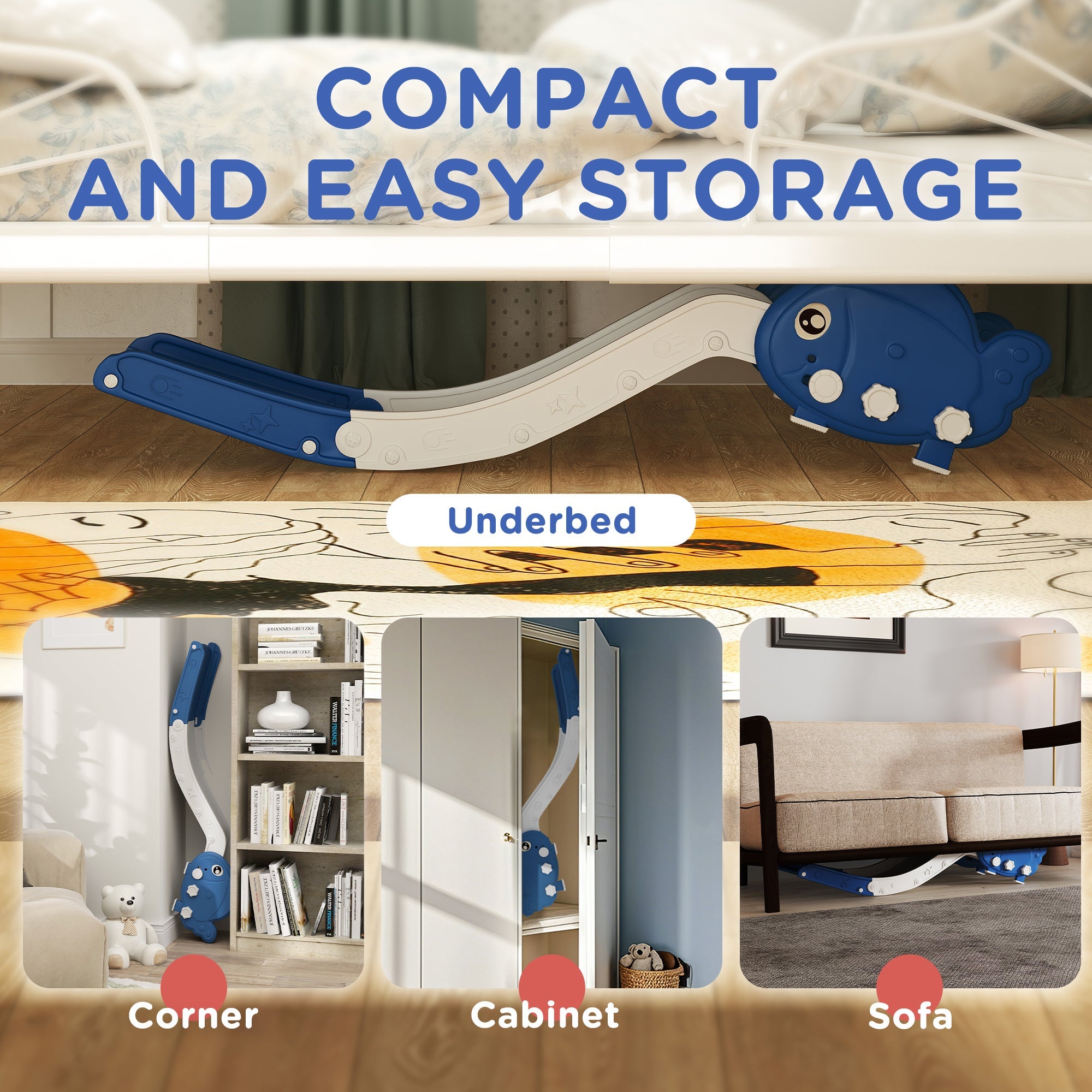 Qaba Toddler Couch Slide for Bed, Sofa, Stairs, Easy Assemble & Storage, for 18-48 Months, Blue