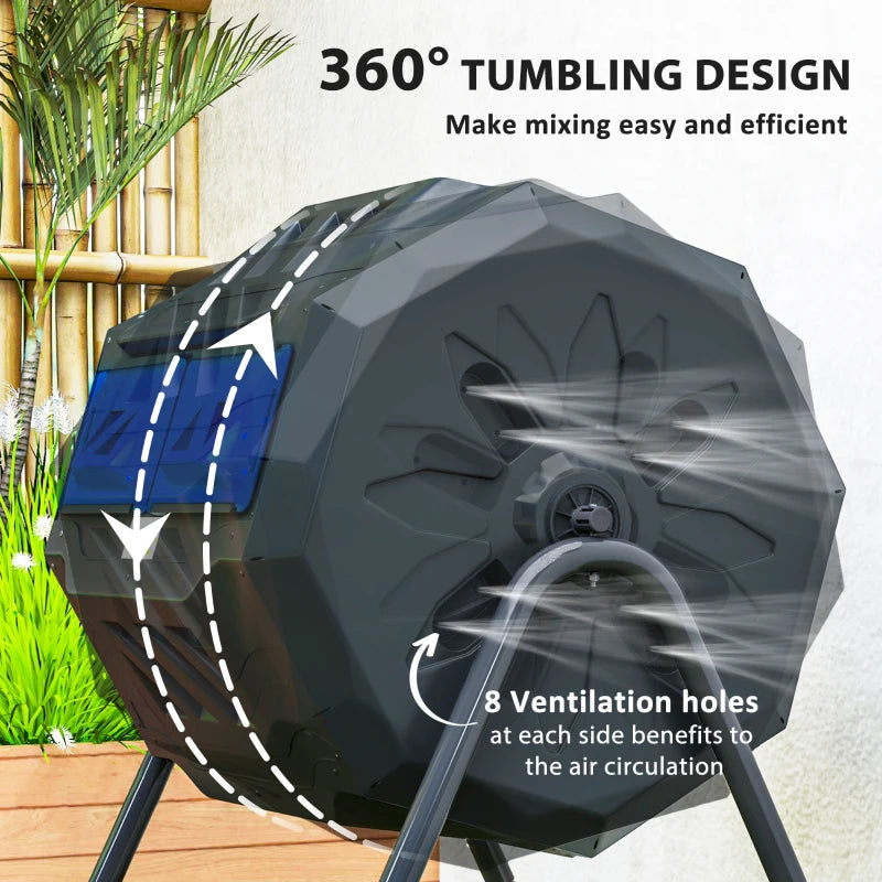 Tumbling Compost Bin Outdoor Dual Chamber 360° Rotating Composter 43 Gallon with Sliding Doors, Blue