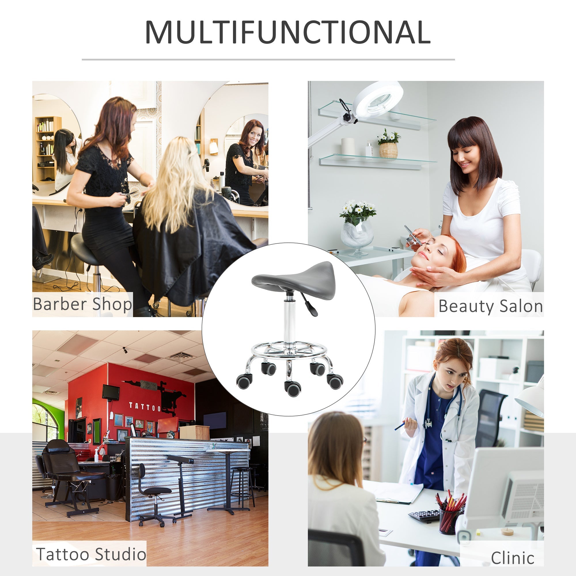 HOMCOM Saddle Stool PU Leather Adjustable Rolling Salon Chair Grey for Massage Spa Clinic Beauty Tattoo