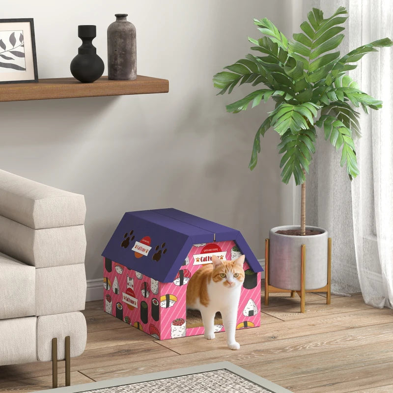 Cat Scratcher House, 2-in-1 Cardboard Cat Scratching Pad with Door, 4 Paw-Shaped Vents and Grass for Indoor, Pink