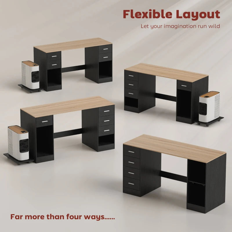 Office Desk, 55" Computer Desk with 4 Reversible Drawers, Mobile PC Stand, Adjustable Shelf, Black Wood Grain