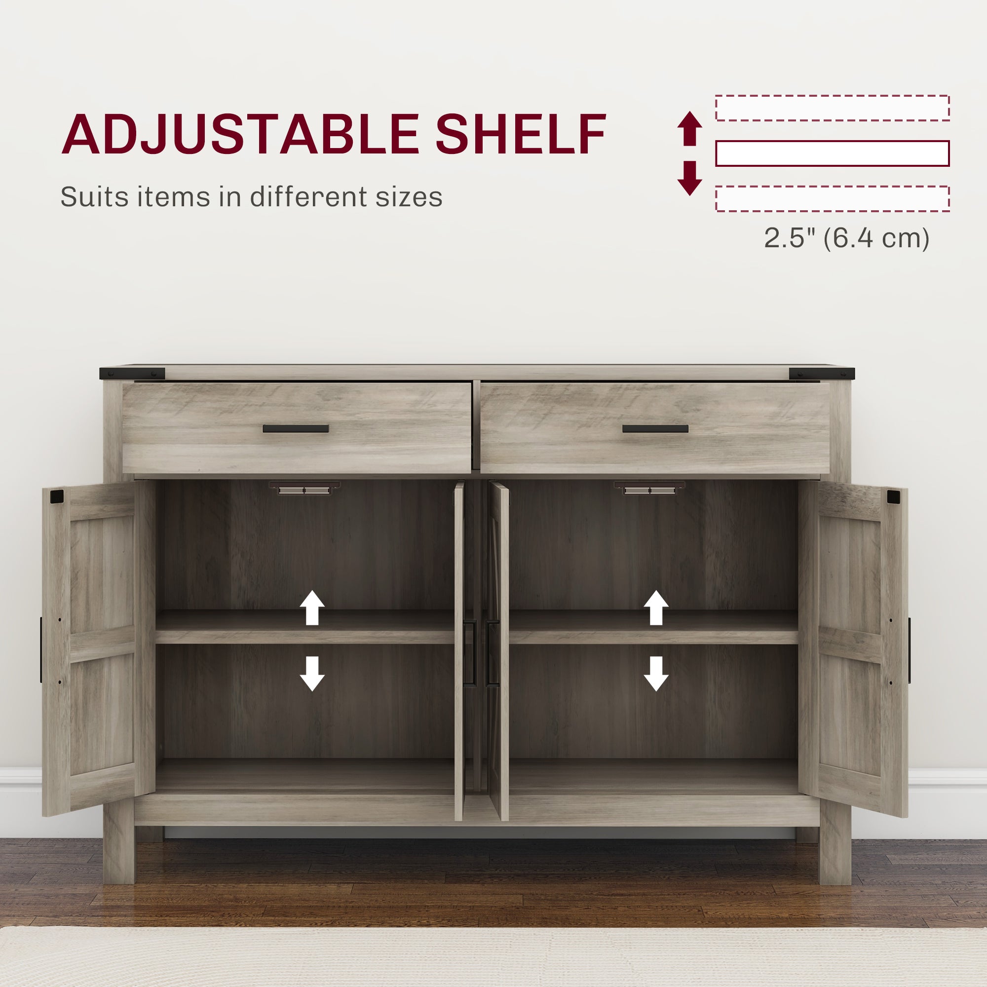 HOMCOM Farmhouse Buffet Cabinet Sideboard with 2 Drawers, 2 Storage Cabinets and Adjustable Shelves, Grey