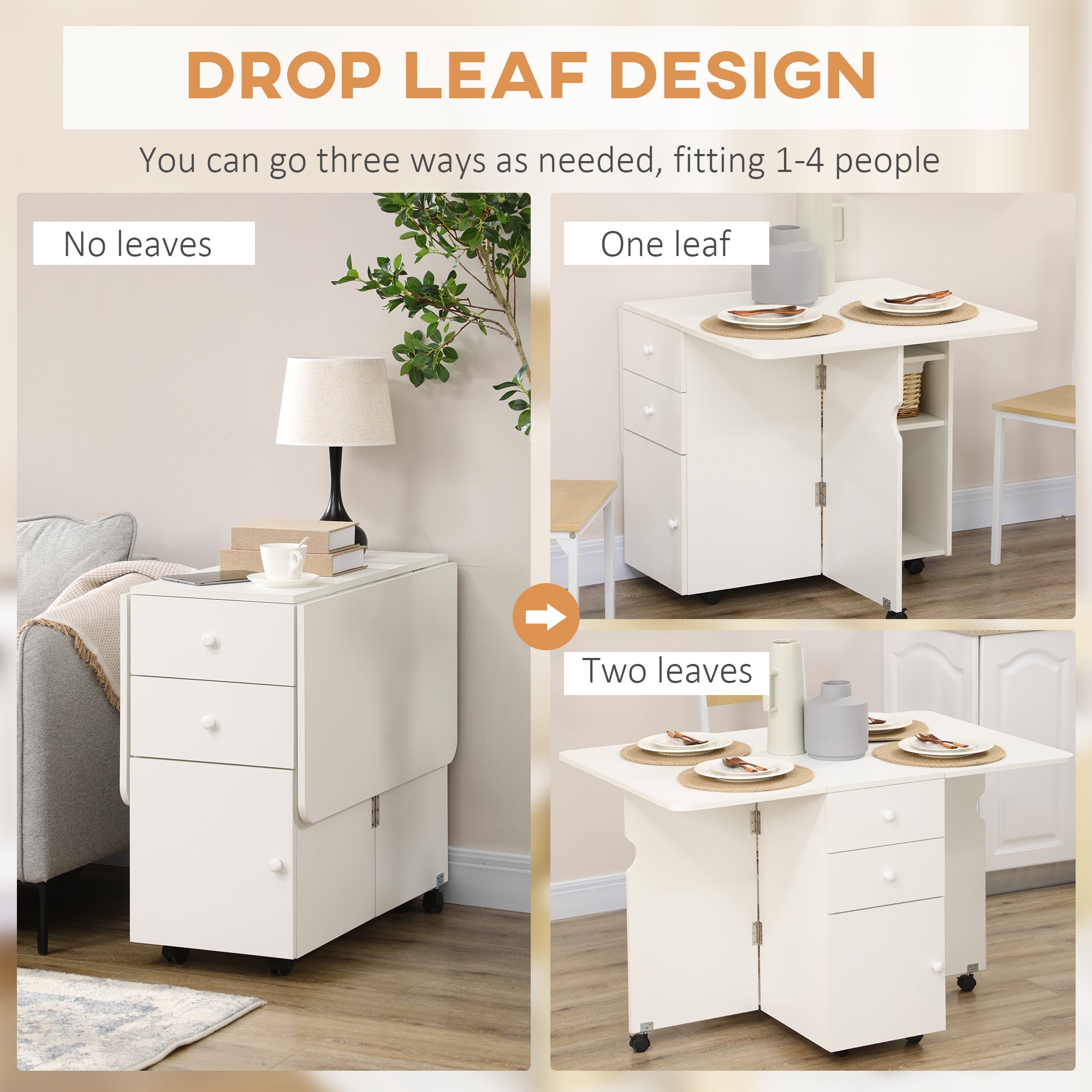 HOMCOM Extendable Drop Leaf Dining Table with 2 Drawers Cabinet 6 Wheels for Small Spaces Kitchen White
