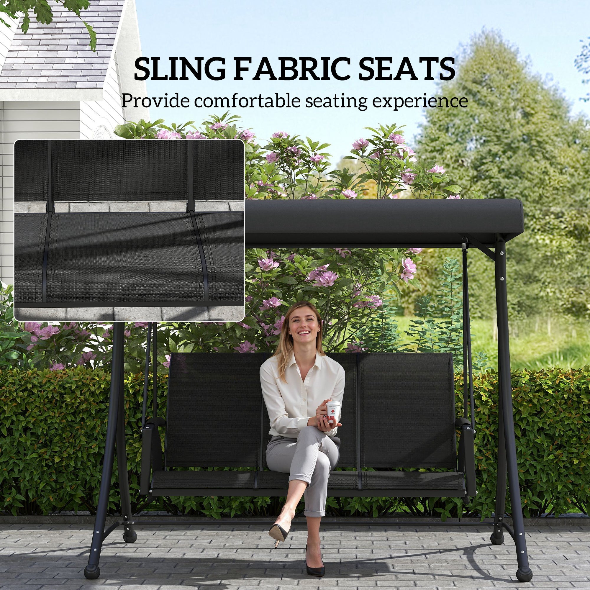 Outsunny 3 Person Outdoor Porch Swing Chair with Adjustable Canopy, Black