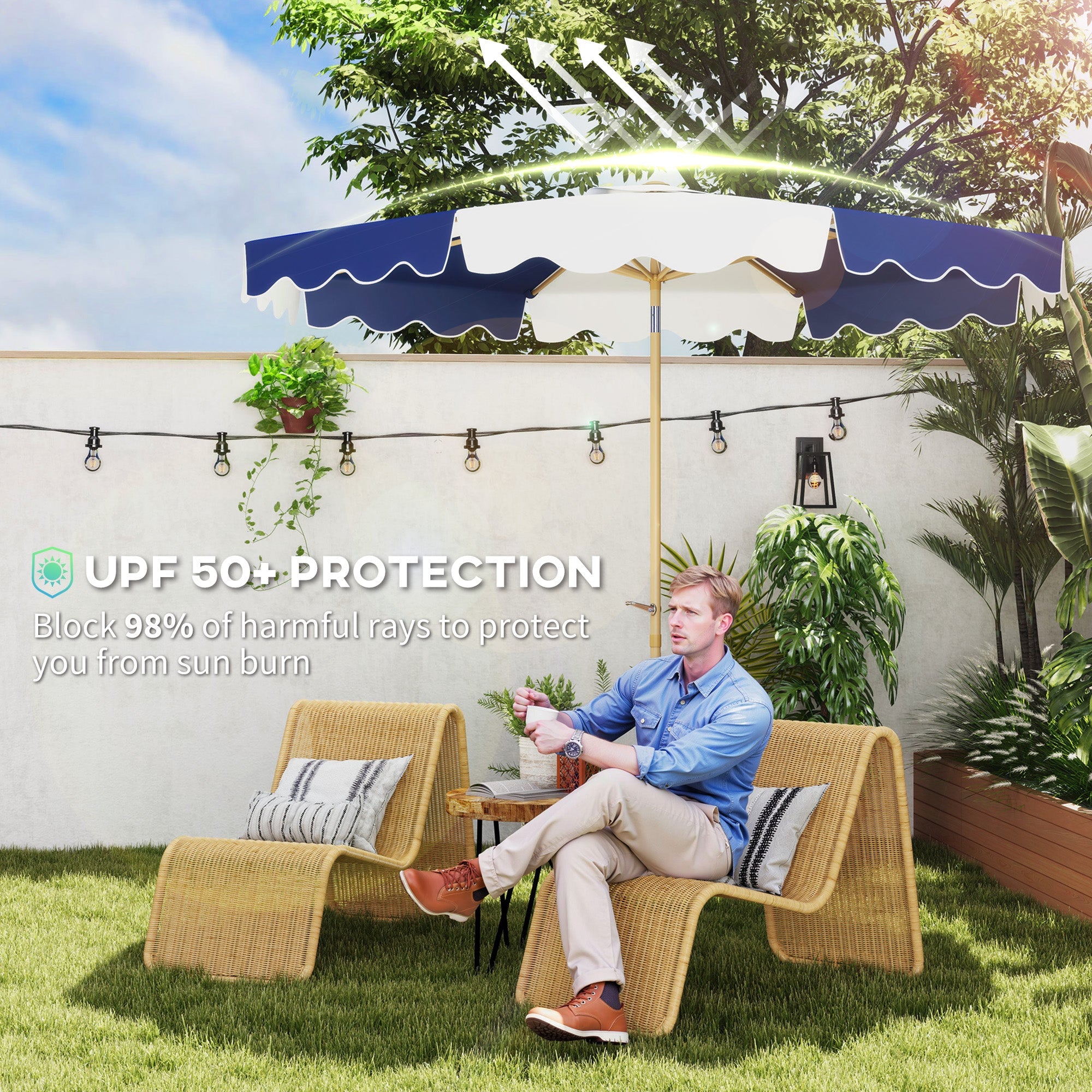 Outsunny 9FT Patio Umbrella with 8 Ribs, Crank & Tilt, UPF 50+ for Garden, Deck, Poolside, Mixed Colour