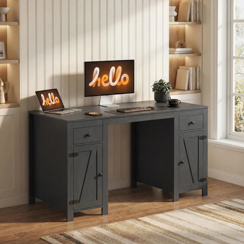 53" Farmhouse Executive Desk, Computer Desk with Drawers and 2 Cabinets, Study Table for Home Office, Black Wood Grain