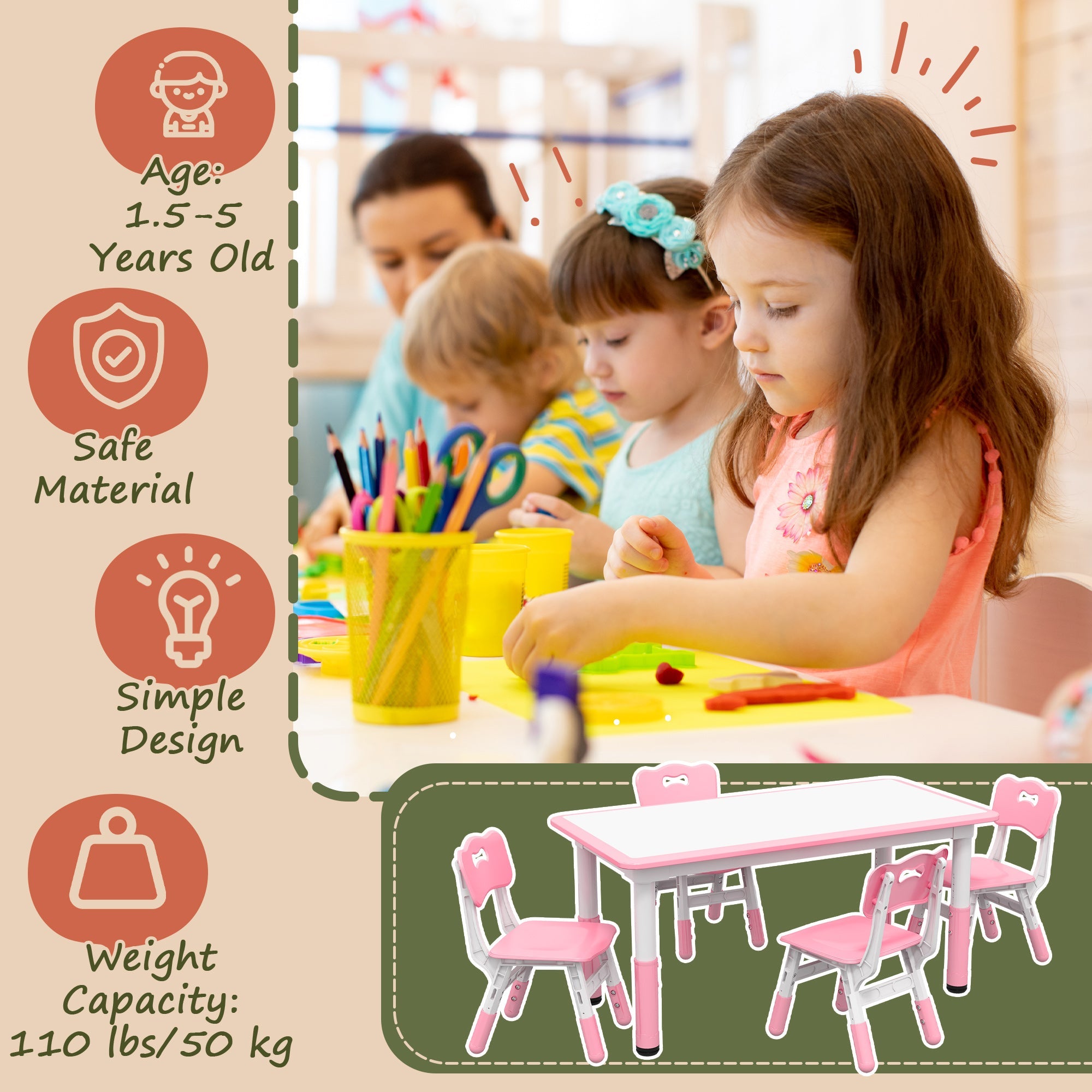 Qaba Kids Table & 4 Chair Set: Adjustable Height, Durable, Easy Clean for Toddlers in Pink