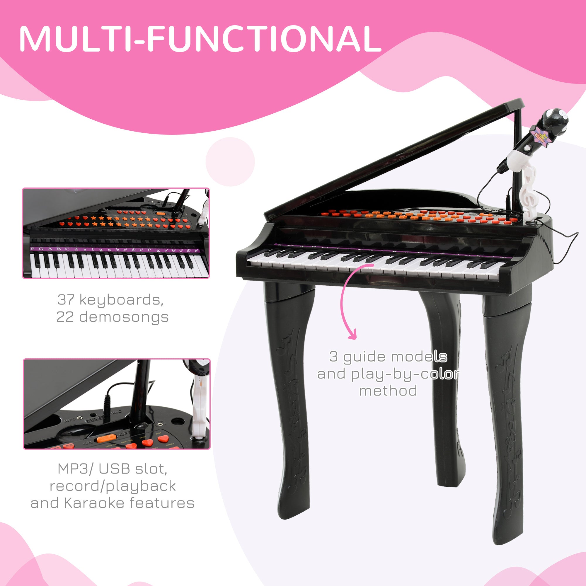 Qaba Mini Electronic Musical Piano 37 Key Keyboard Multifunction Kids Toy w/ Microphone Stool (Black)