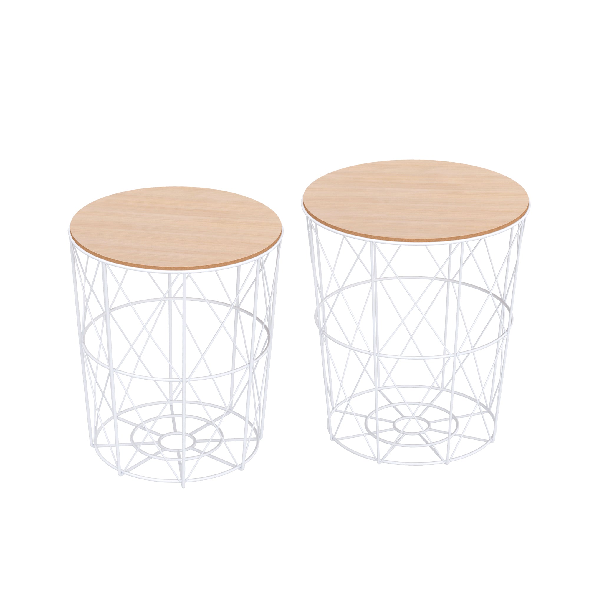 HOMCOM Nesting Coffee Table Set: 2 Round Metal Wire Baskets in White & Natural Finish