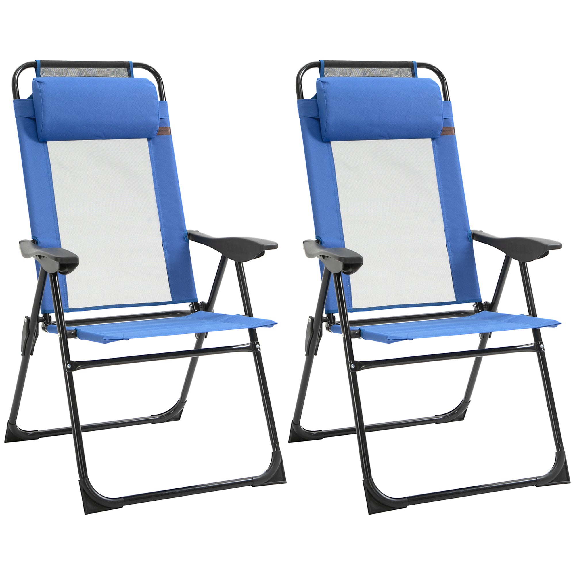 Outsunny Double Camping Chairs Foldable Reclining with Headrest Blue