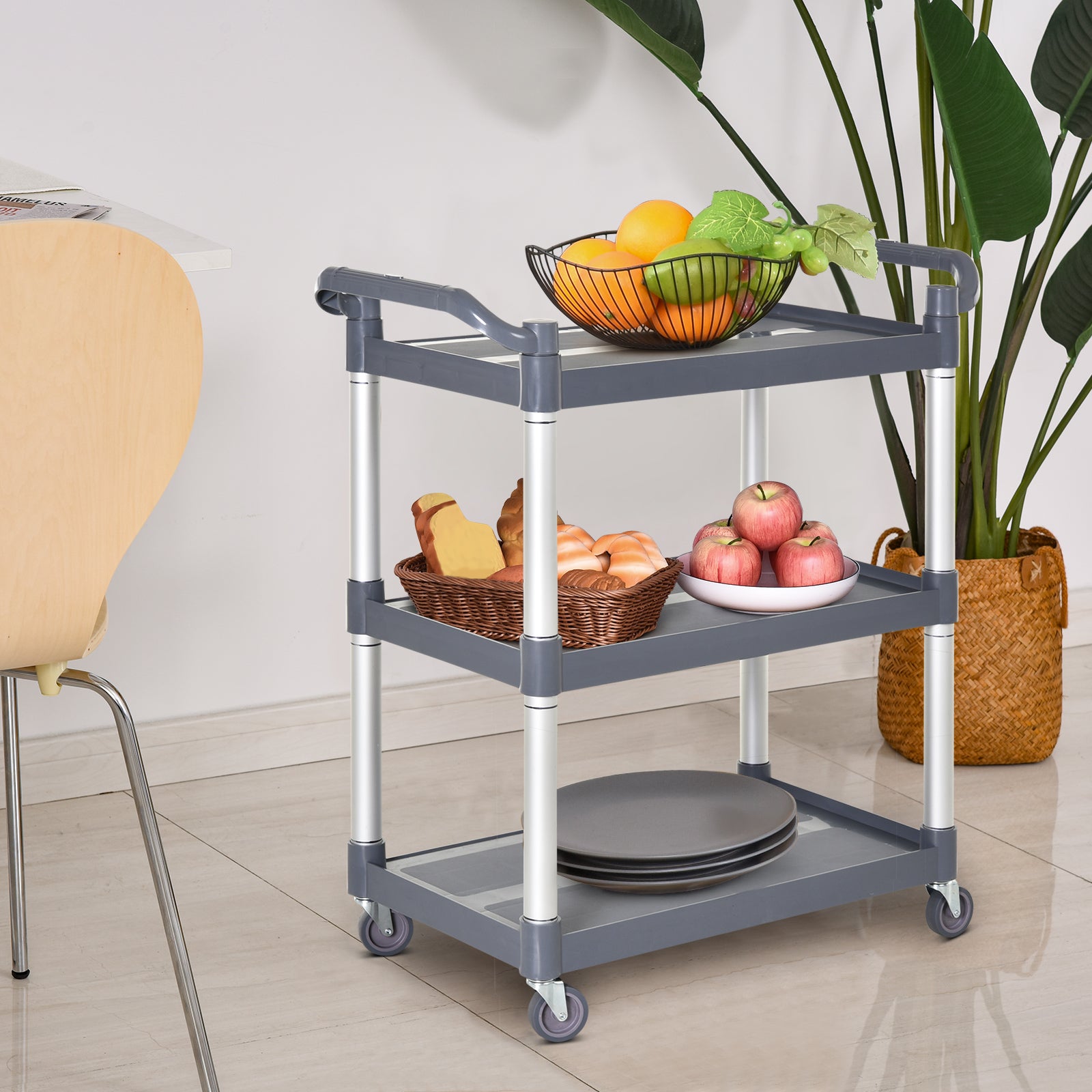 HOMCOM Large 3-Tier Metal Utility Cart Rolling Storage Trolley with Shelves for Restaurant Hotel Living Room Silver
