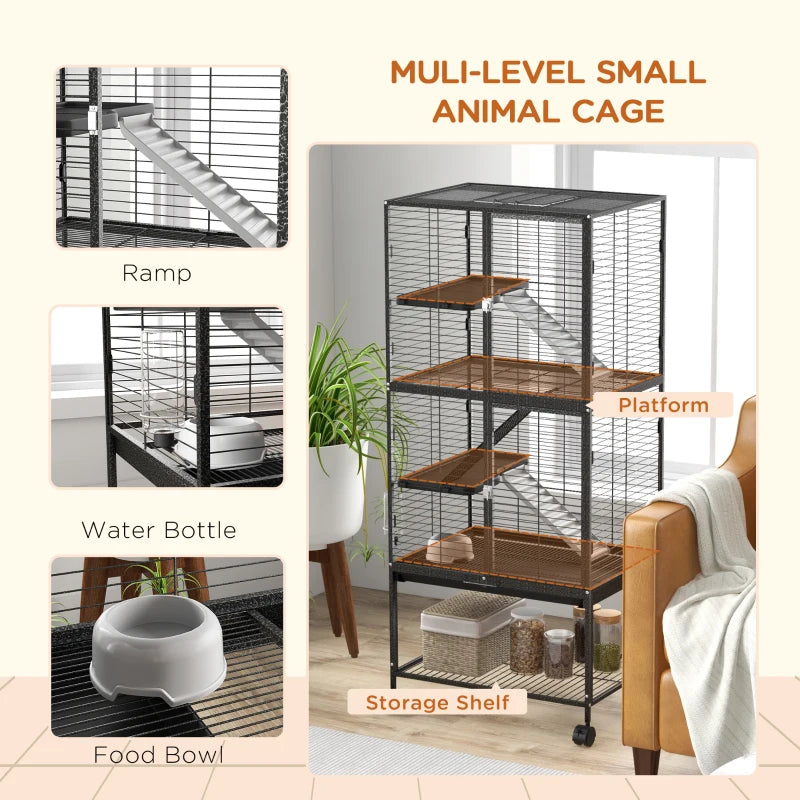 Rolling Small Animal Cage 53.5"H Chinchilla Cage for Ferrets, Squirrels w/ Removable Tray, Storage Shelf, Dark Grey