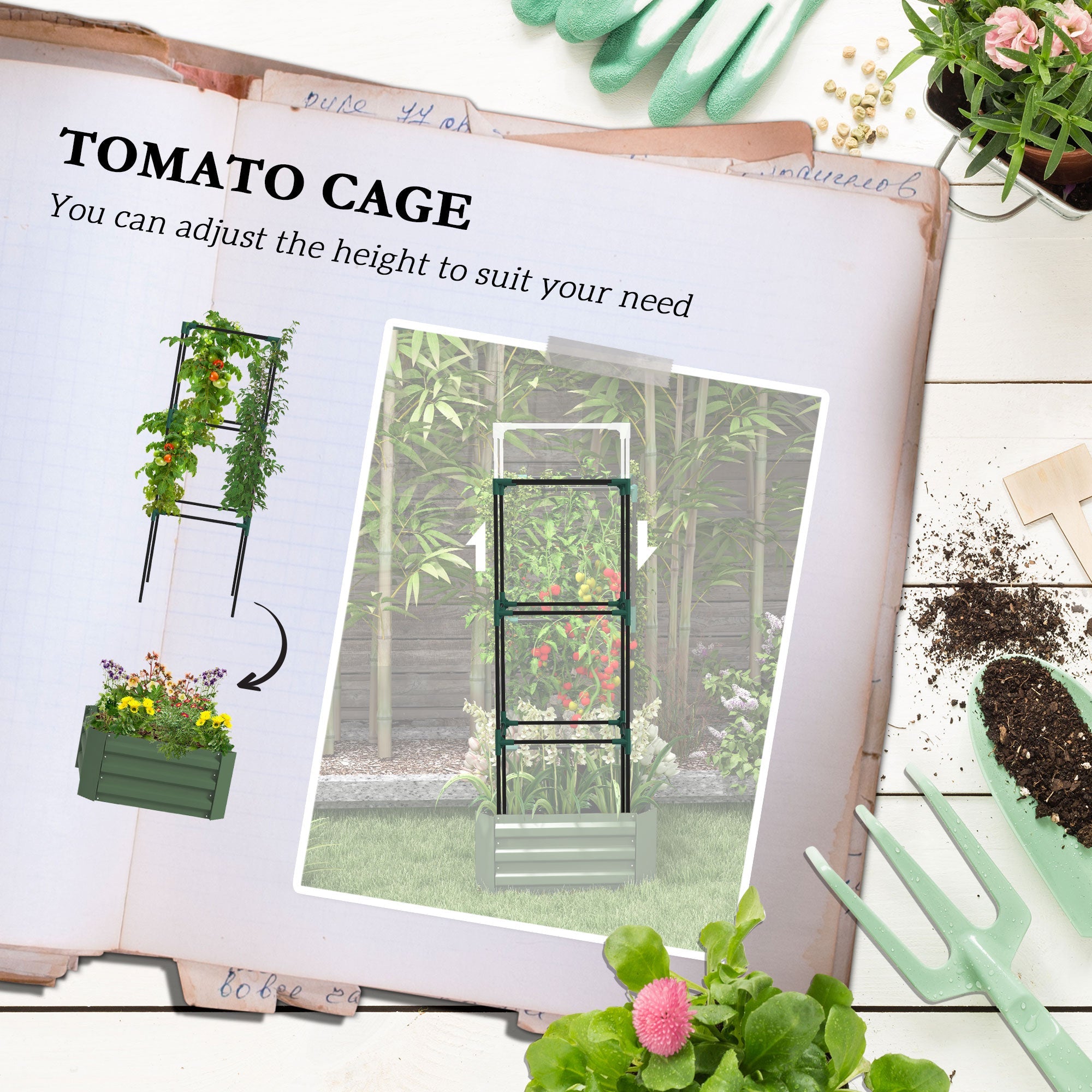 Outsunny Galvanized 3-Tier Planter Box Raised Garden Bed Trellis Tomato Cage Climbing Vines Veggies Green Patio