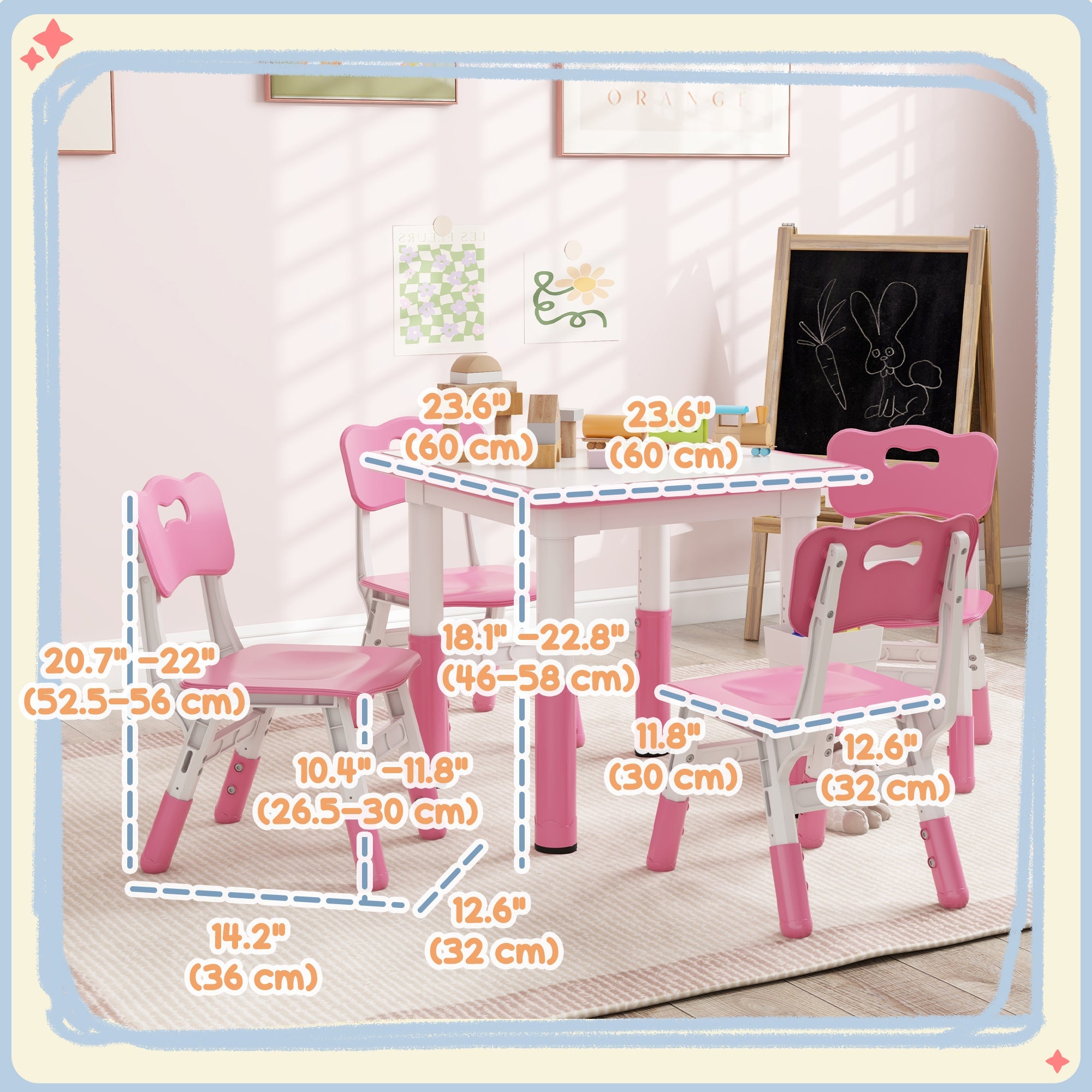 Qaba 5 Piece Toddler Table Chair Set Height Adjustable Activity Set Nursery Classroom Playroom Furniture Pink