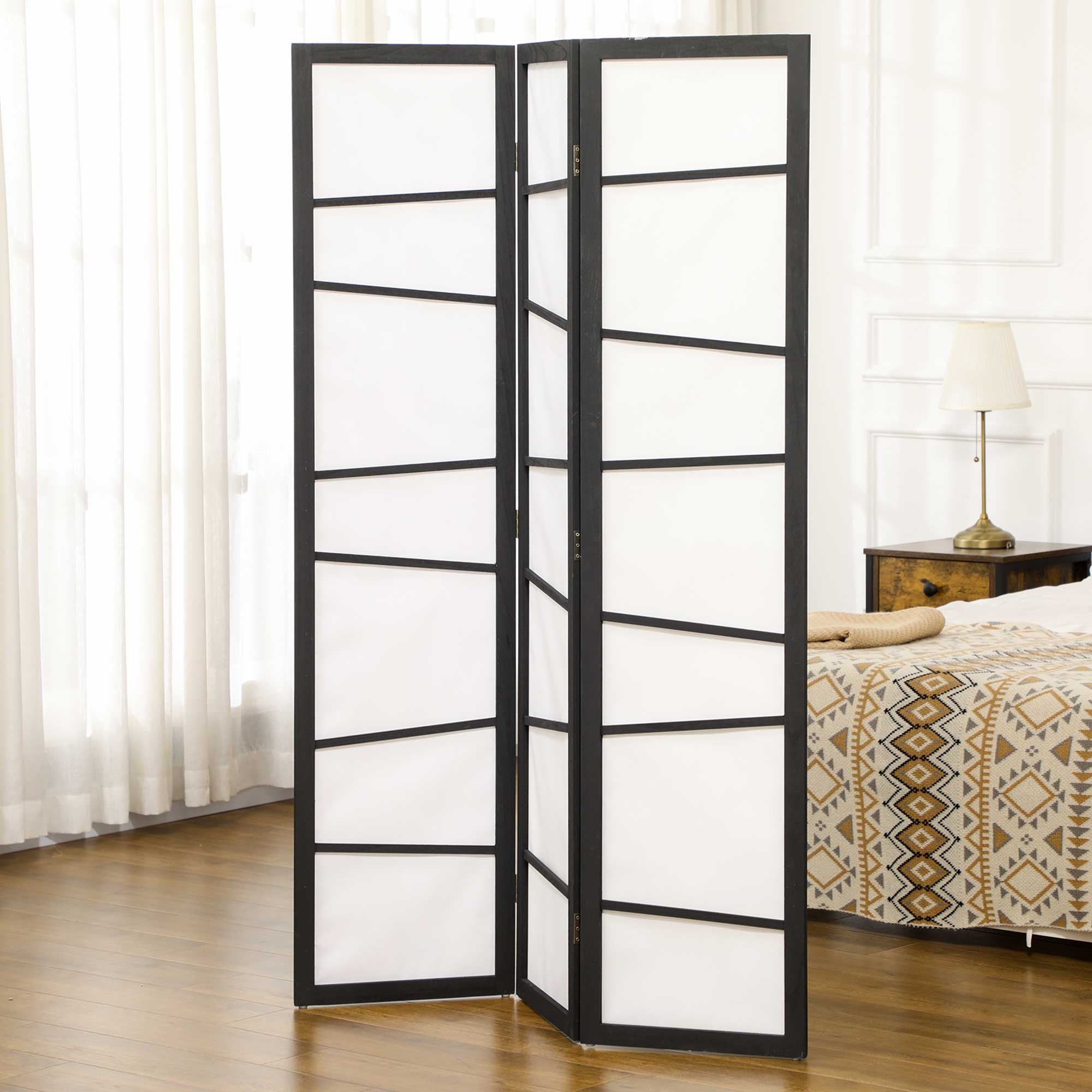 HOMCOM 5.6ft Folding Room Partition: 3-Panel Wall Divider with Wood Frame for Bedroom, Home Office, White