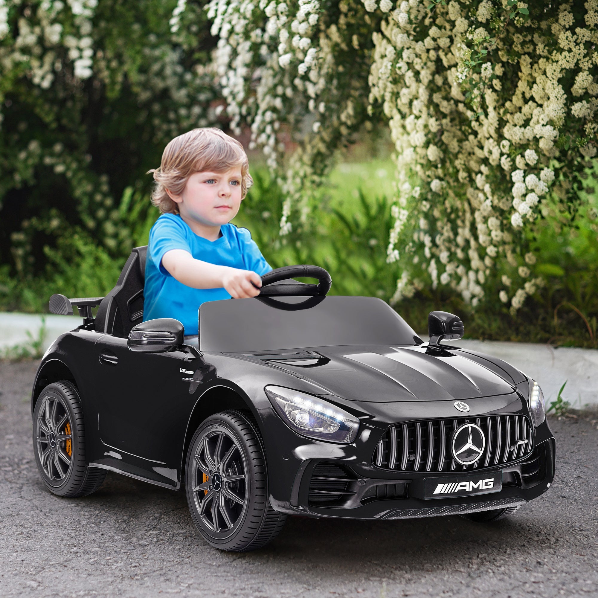 Qaba Mercedes-Benz AMG GTR Licensed 12V Battery Powered Kids Electric Car w/ Remote, Soft Start, Lights, Music Horn Black