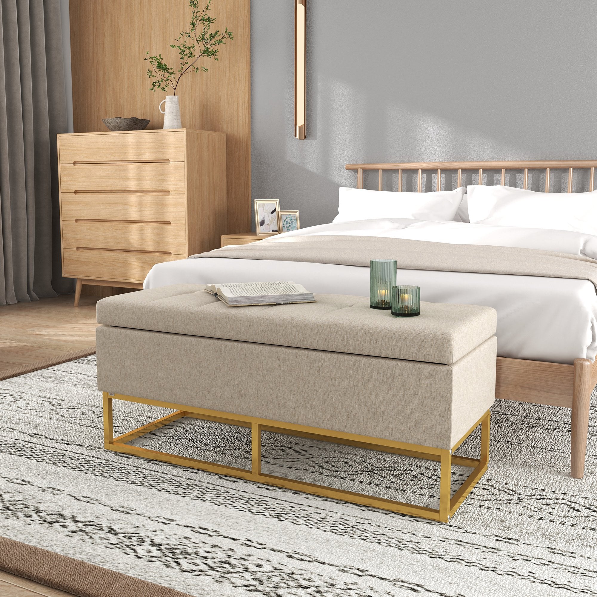 HOMCOM Linen Luxury: Upholstered Storage Bench with Steel Legs, Beige Fabric Ottoman for Bedroom, Living Room Seating