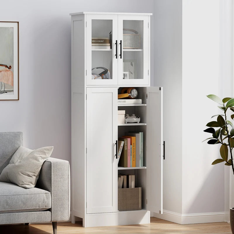 Tall Bathroom Cabinet with Glass Doors, Space-Saving Unit with Adjustable Shelves, Freestanding Storage, White