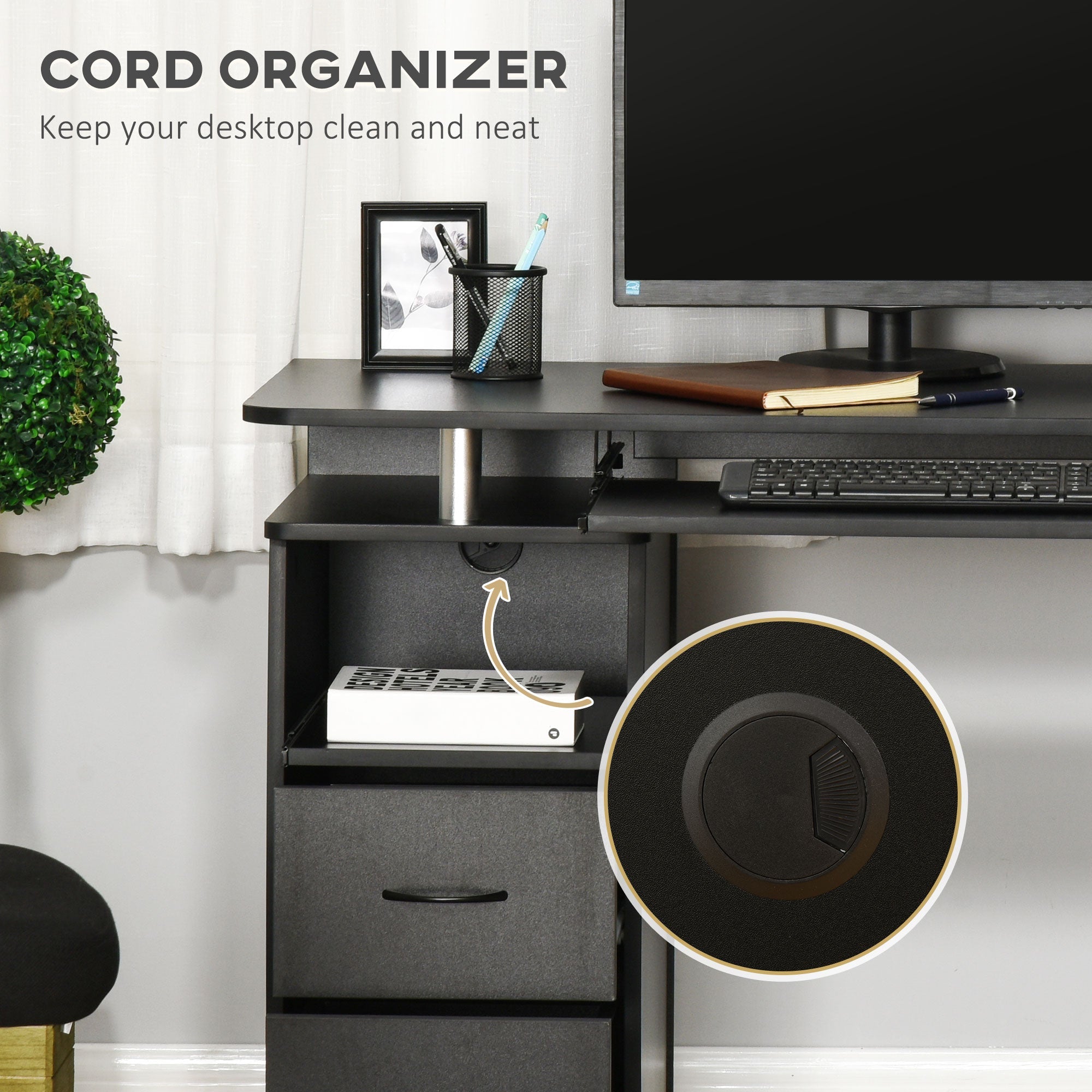 HOMCOM Home Office Computer Desk Keyboard Tray CPU Stand Black Workstation Furniture Study Table