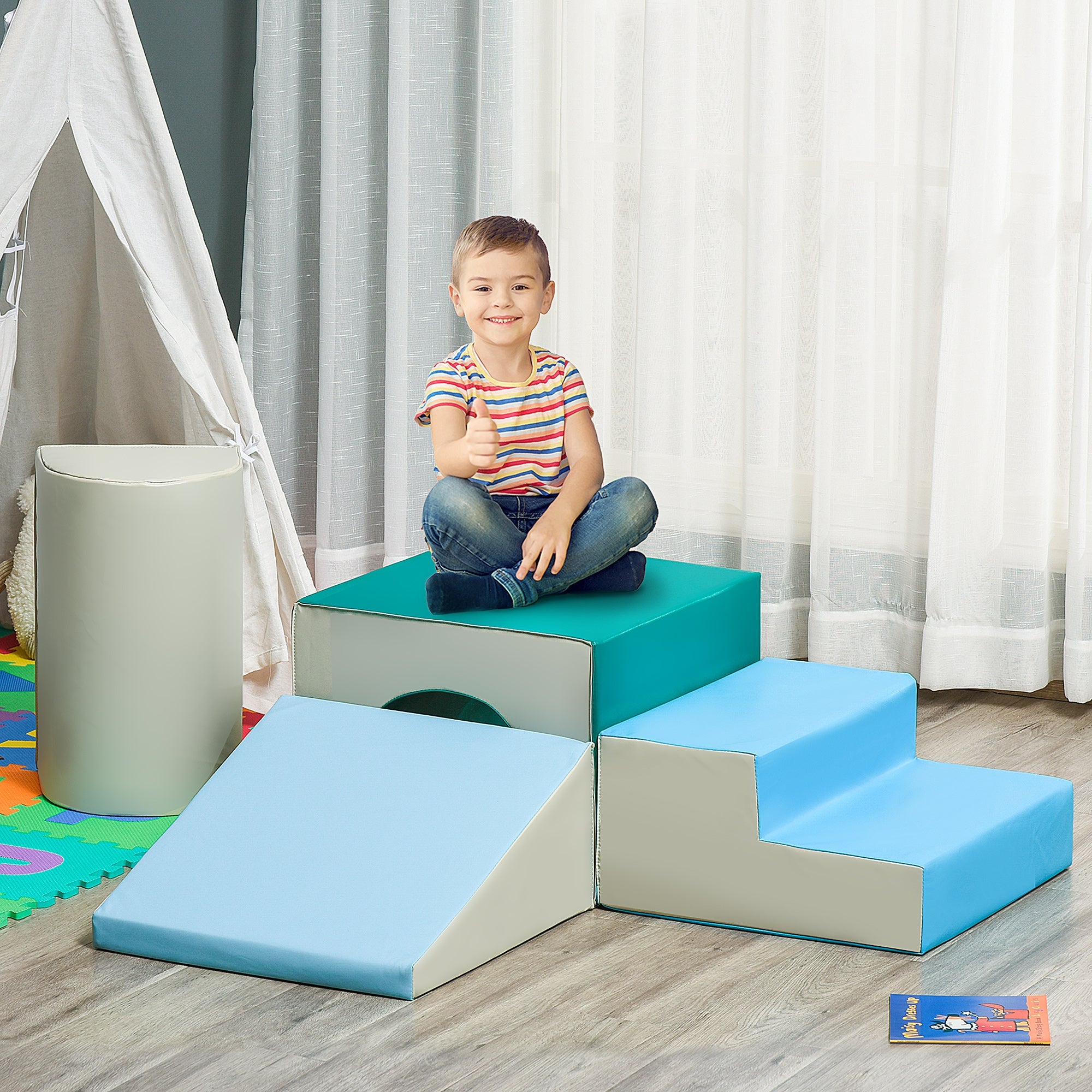 Qaba Soft Play Wonderland: 4-Piece Easy-Clean Foam Climbing, Crawling, Sliding Set for Toddlers, Multicolor