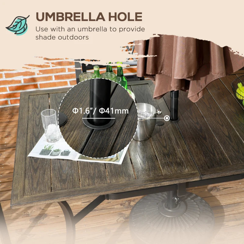 Steel Frame 59 Inch Outdoor Dining Table for Six with Parasol Hole, Wood Grain Tabletop, for Backyard, Garden, Brown
