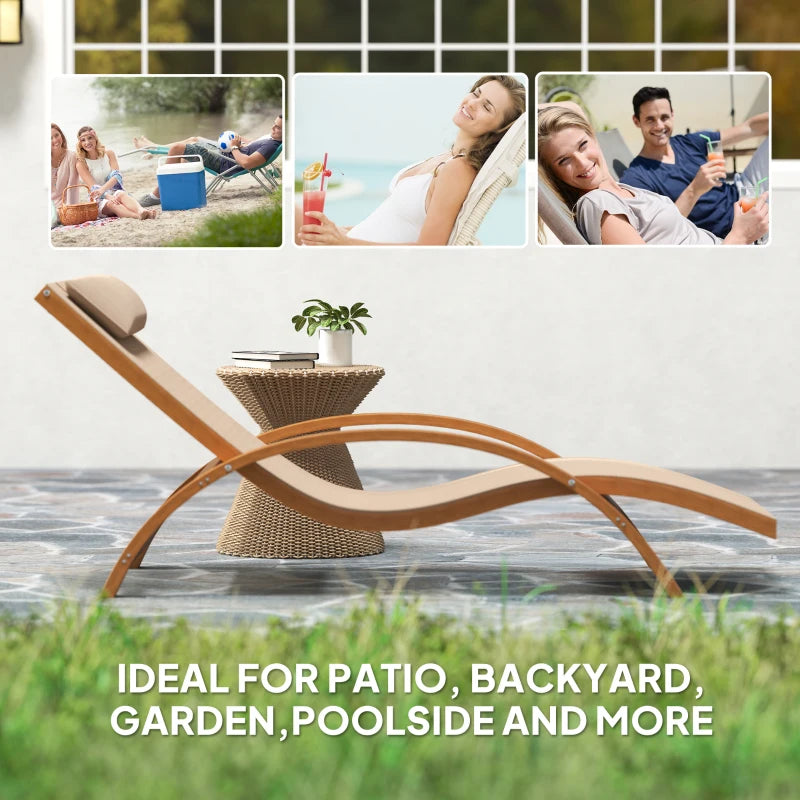 Outdoor Wood Chaise Lounge Chair Recliner Patio Camping with Headrest, Teak & Light Khaki