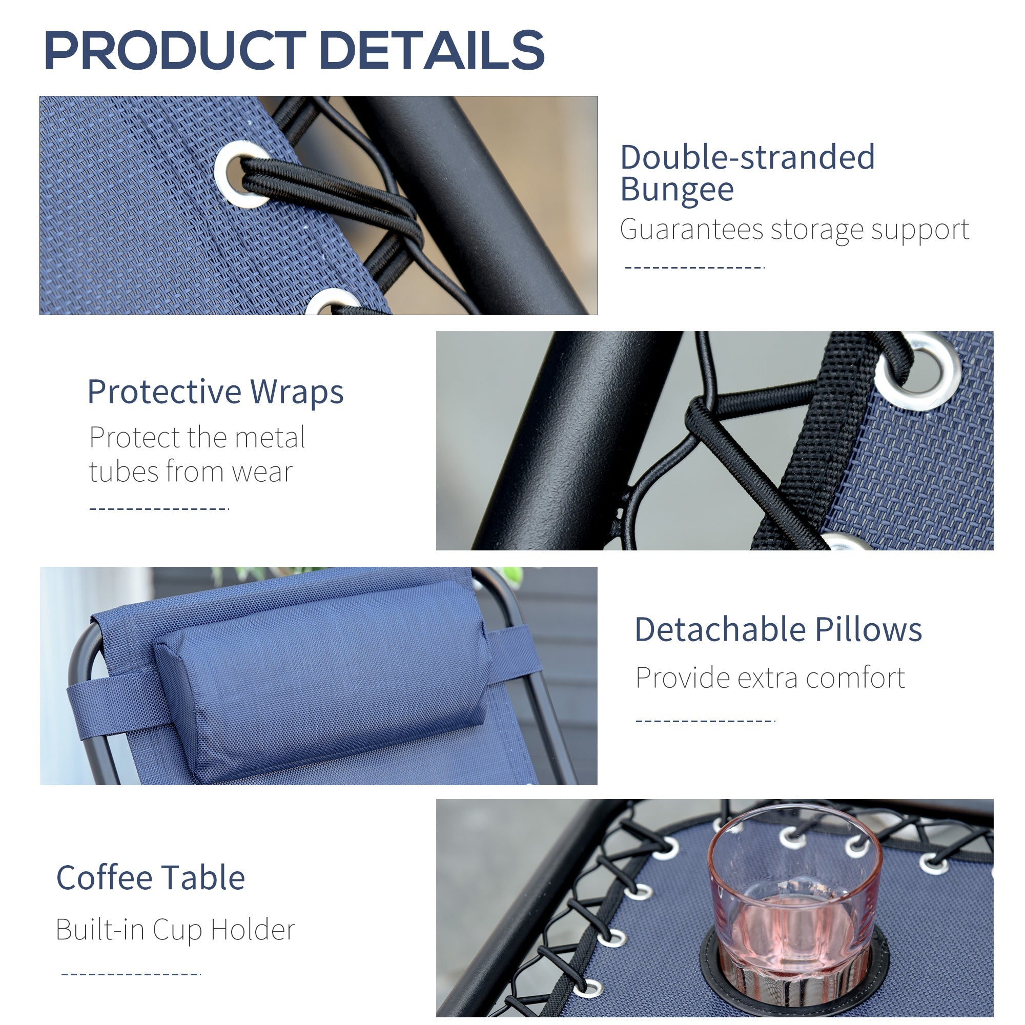 Outsunny 3pcs Zero Gravity Lounger Chair Set Patio Chaise Lounge Side Table Set w/ Cup Holder Blue