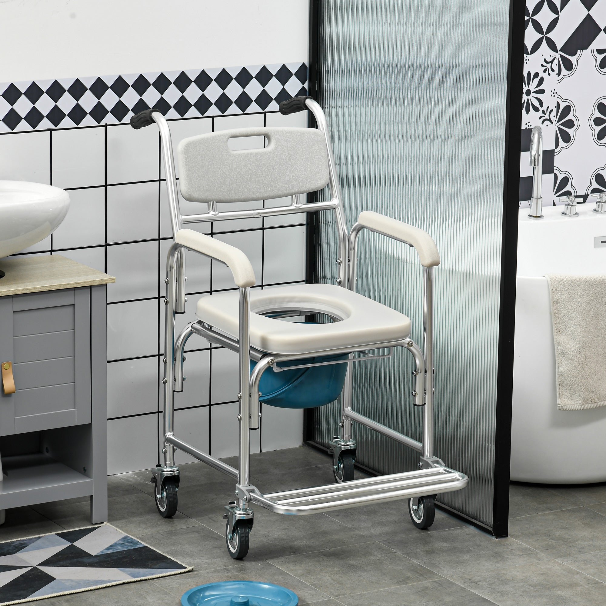 HOMCOM 3-in-1 Shower Commode Wheelchair, Transport Beside Commode Chair with Padded Seat for the Elder, Disabled