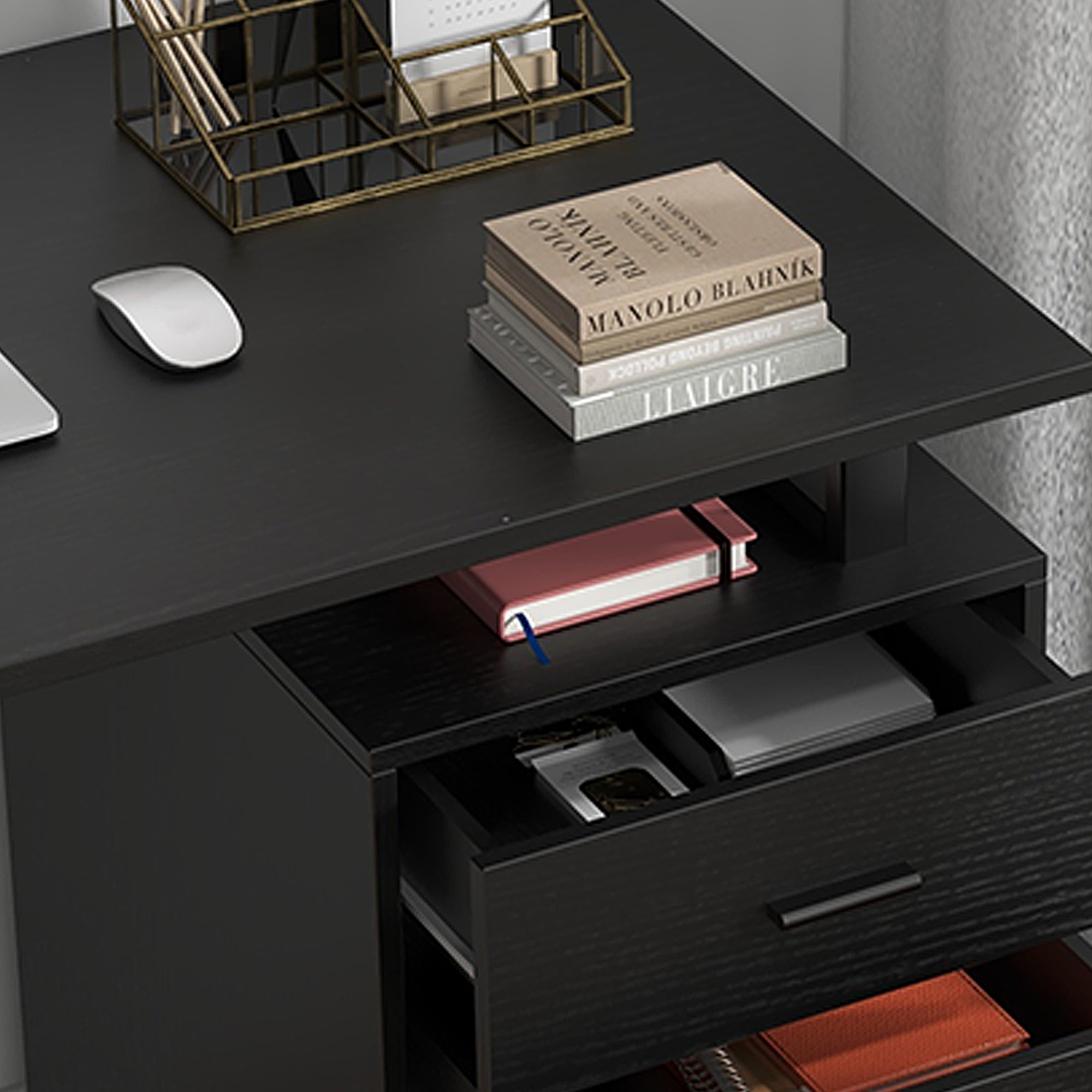 HOMCOM Elegant Office Desk: 47" Workstation with Drawers & File Cabinet for Home Office Study, Black Finish