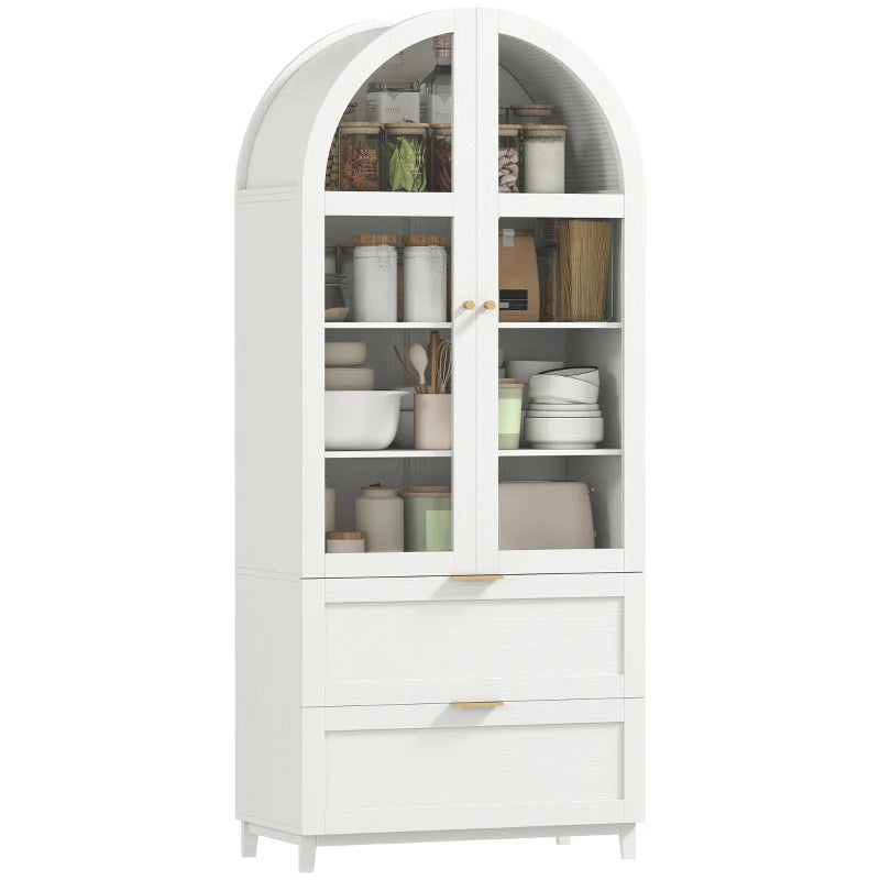 🏡 Arched Glass Door Pantry Cabinet – Modern Farmhouse Storage (White)