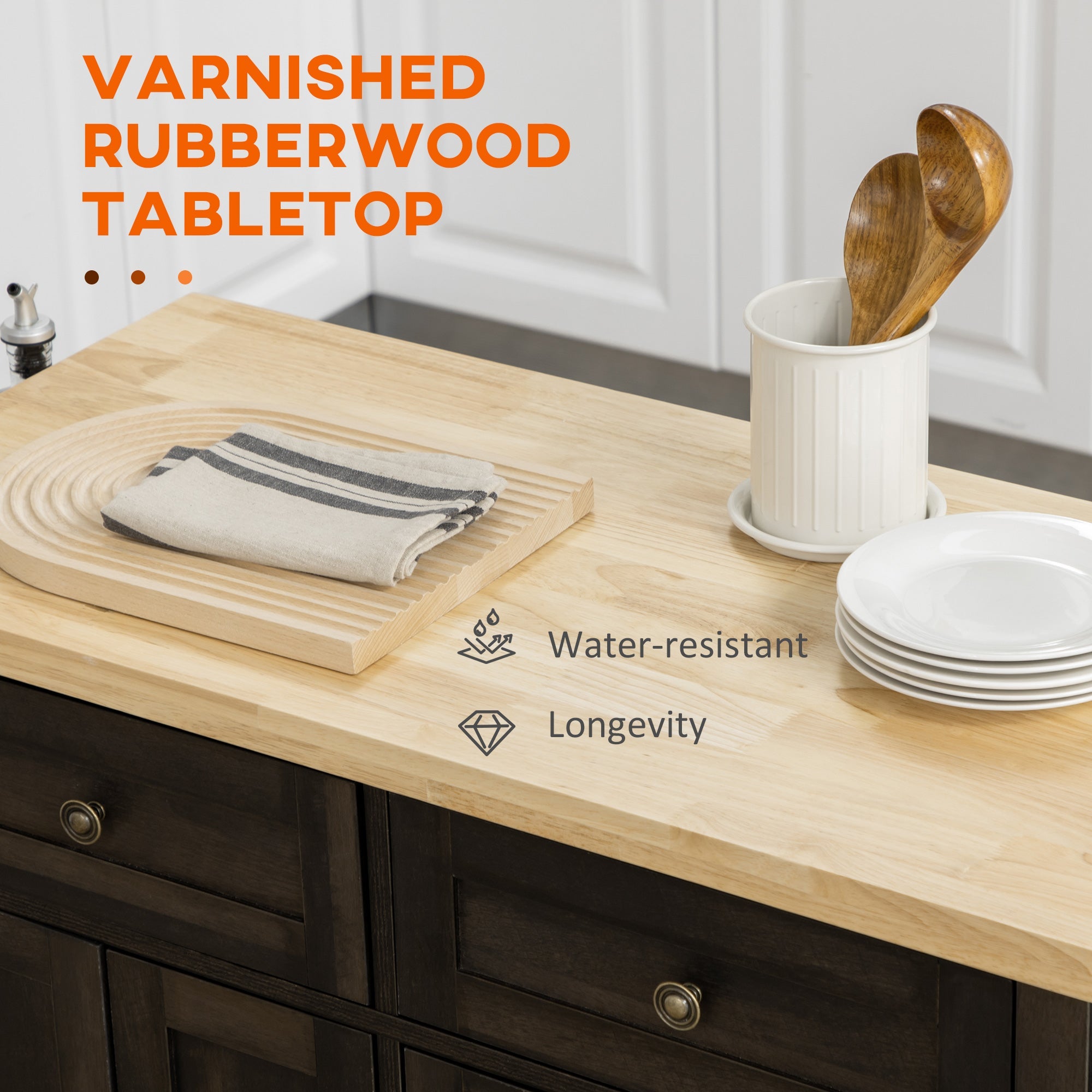 HOMCOM Rustic Kitchen Trolley: Rubber Wood Top, Spice Rack, Towel Rail for Functionality, Oak Brown