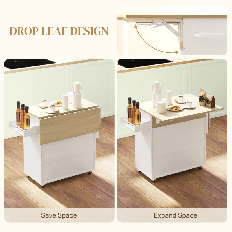 Rolling Kitchen Island with Drop Leaf, Kitchen Storage Cart with Drawer, Spice Rack and Towel Rack, White