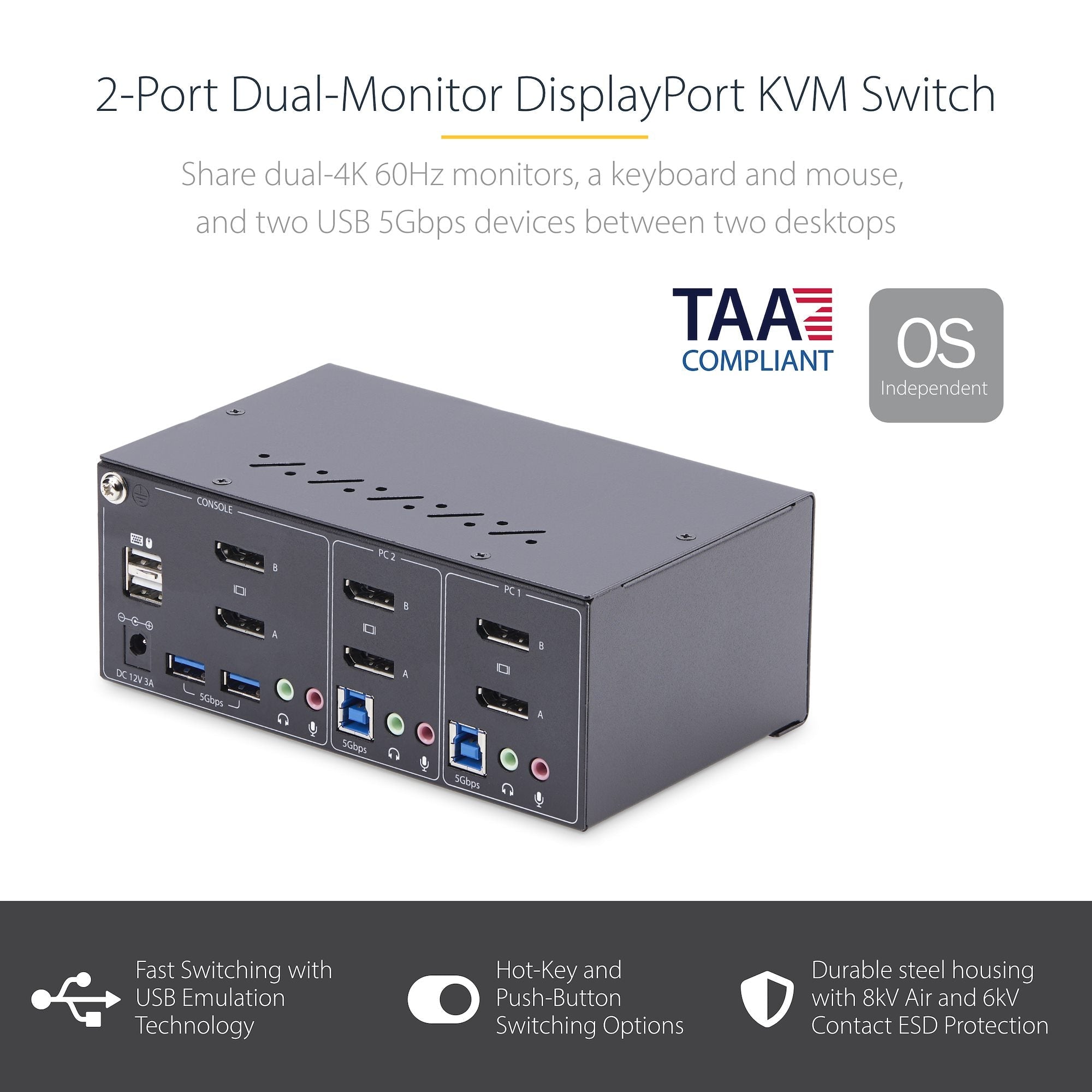 2-Port Dual-Monitor DisplayPort KVM Switch, 4K 60Hz, 2x USB 5Gbps Ports, Hotkey/Push-Button Switching, TAA Compliant