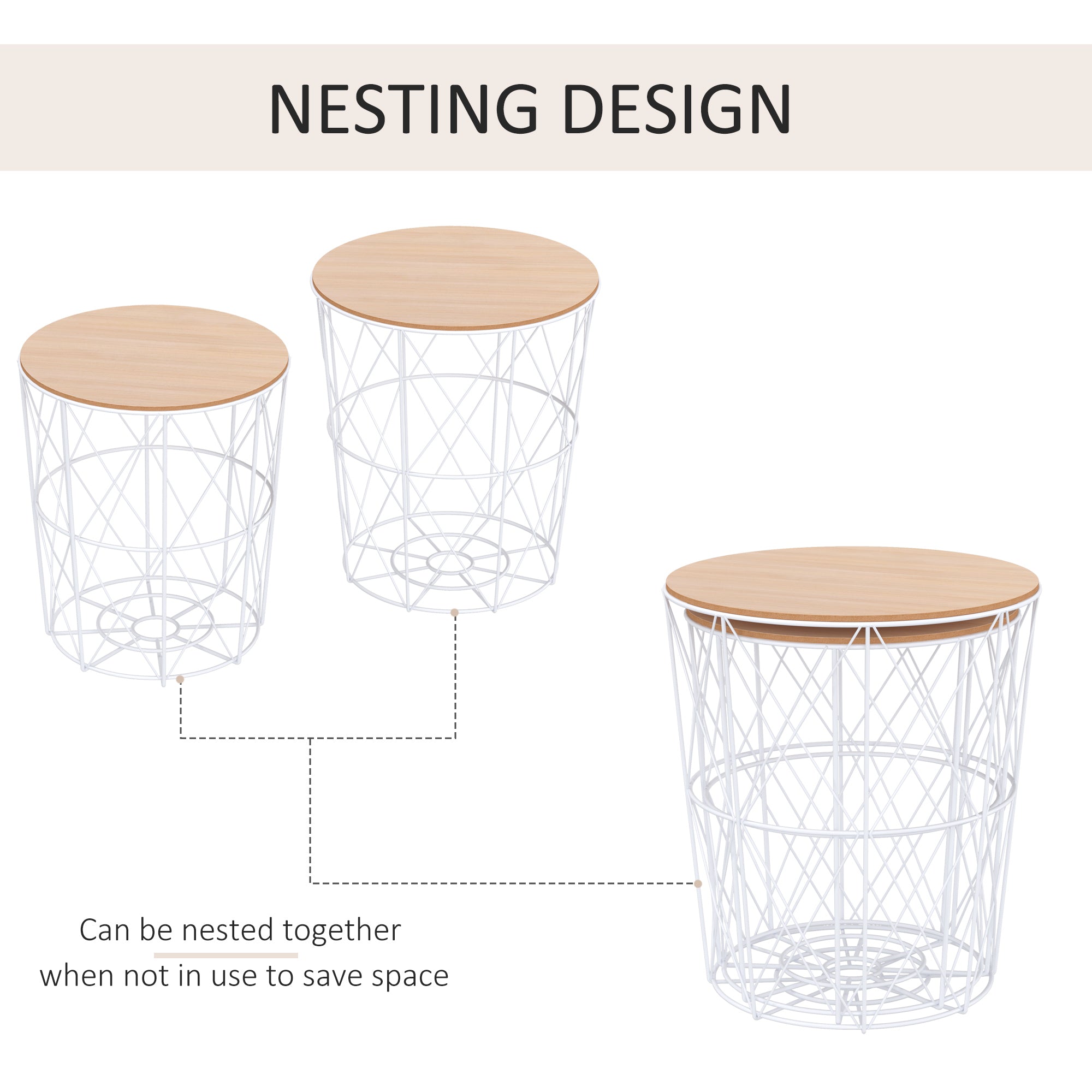 HOMCOM Nesting Coffee Table Set: 2 Round Metal Wire Baskets in White & Natural Finish
