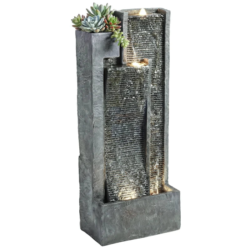 Outdoor Water Fountain with LED Lights and Planter, 3-Tier Modern Cascading Waterfall Feature with Pump, Dark Grey
