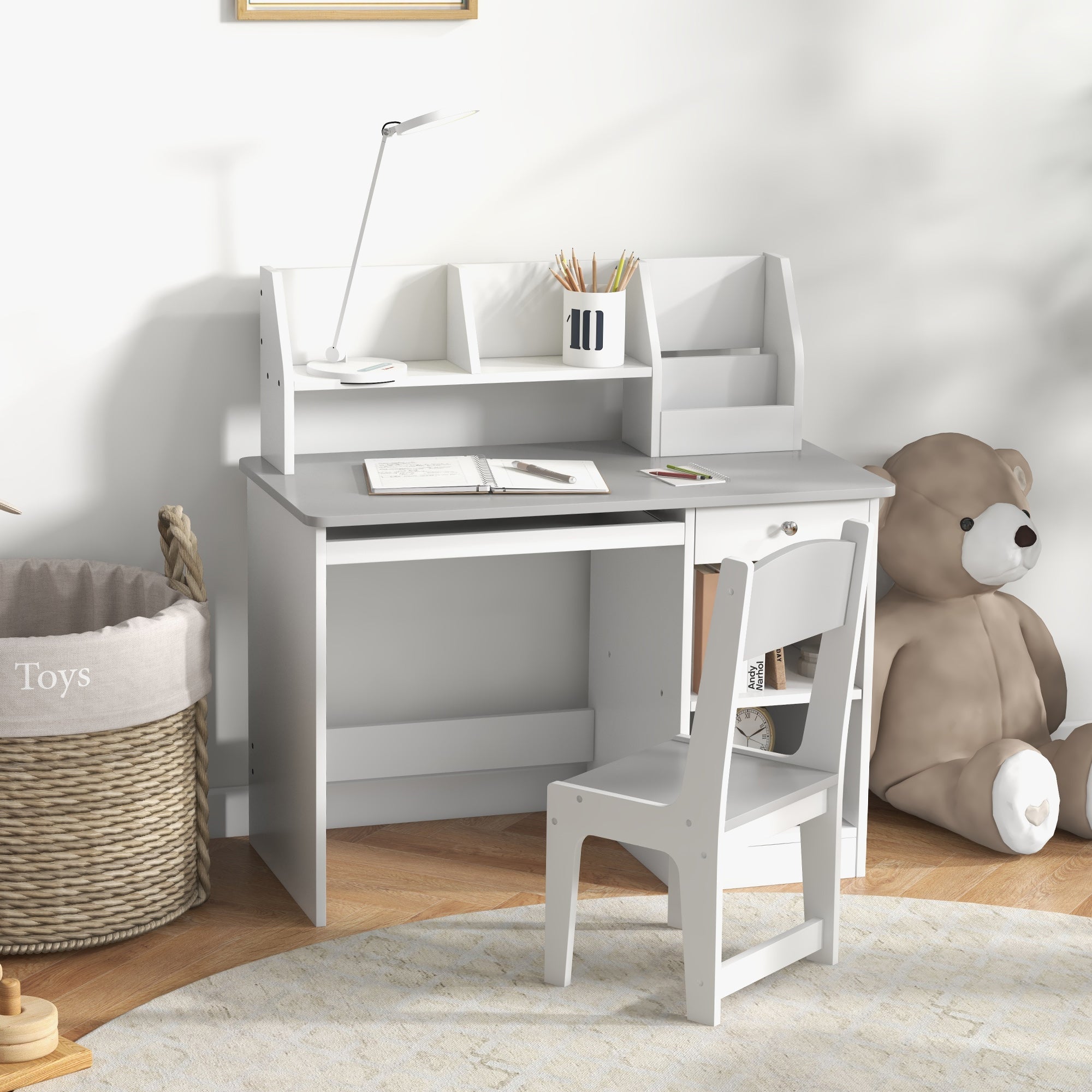 Qaba Kids Desk and Chair Set for 5-8 Year Old with Storage Study Table and Chair for Children Grey