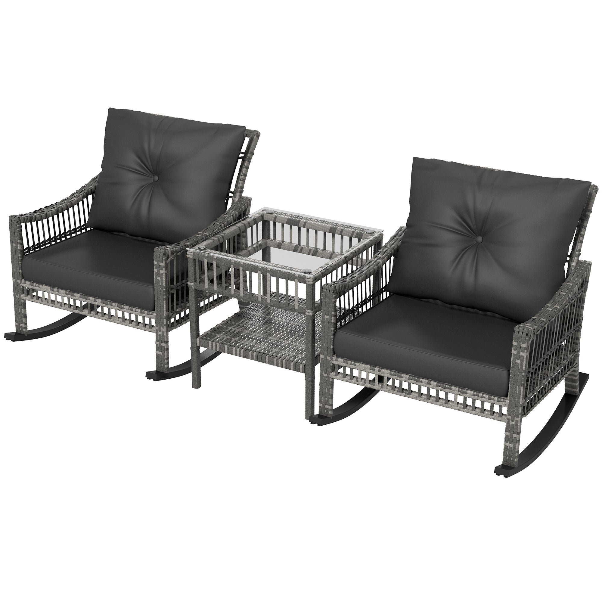 Outsunny Rocker Chair Set 3PC Outdoor PE Rattan Rocking Chair with Tempered Glass Table Top Mixed Grey