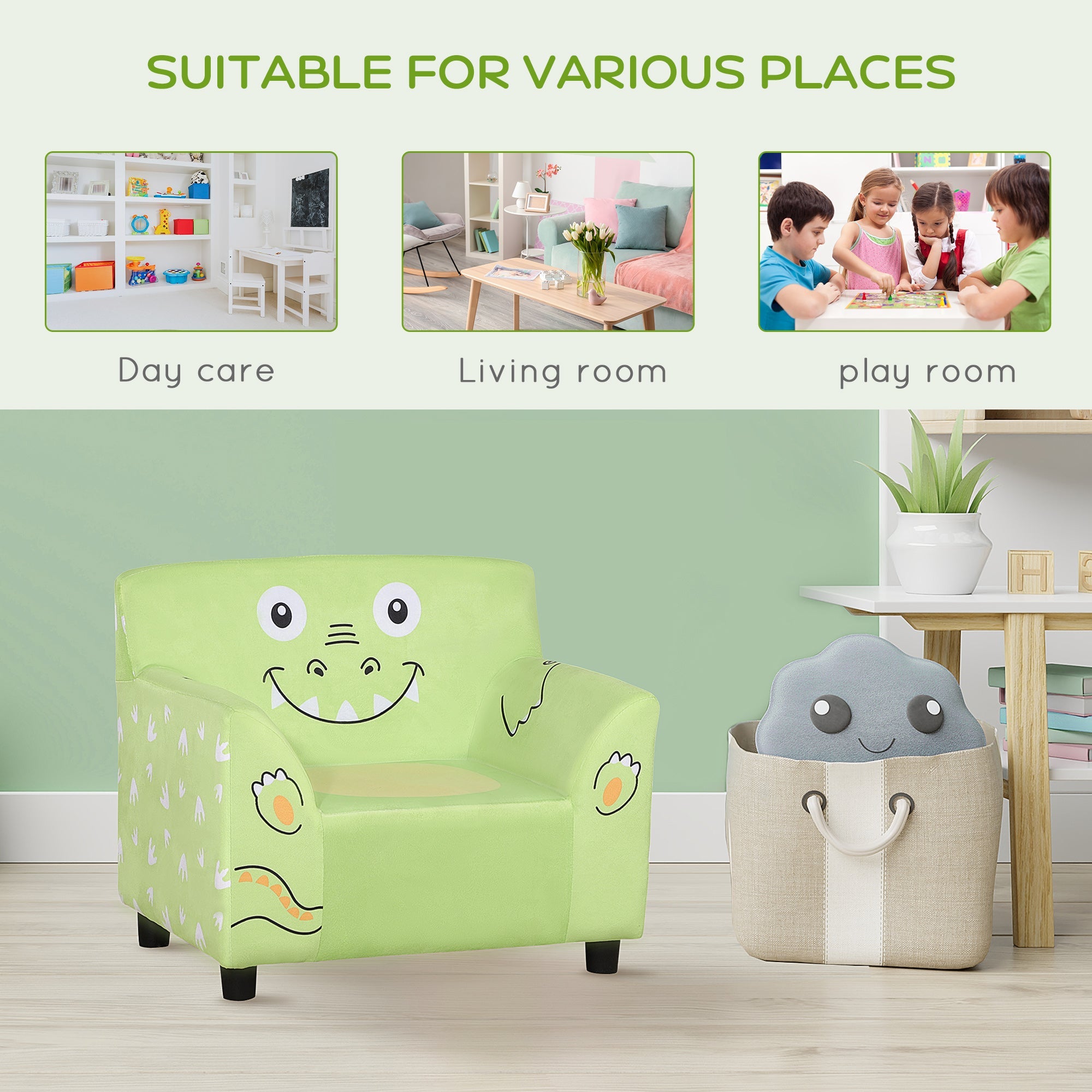 Qaba Children's Sofa: Cozy Velvet Toddler Armchair, Eco-friendly Eucalyptus Wood - Green