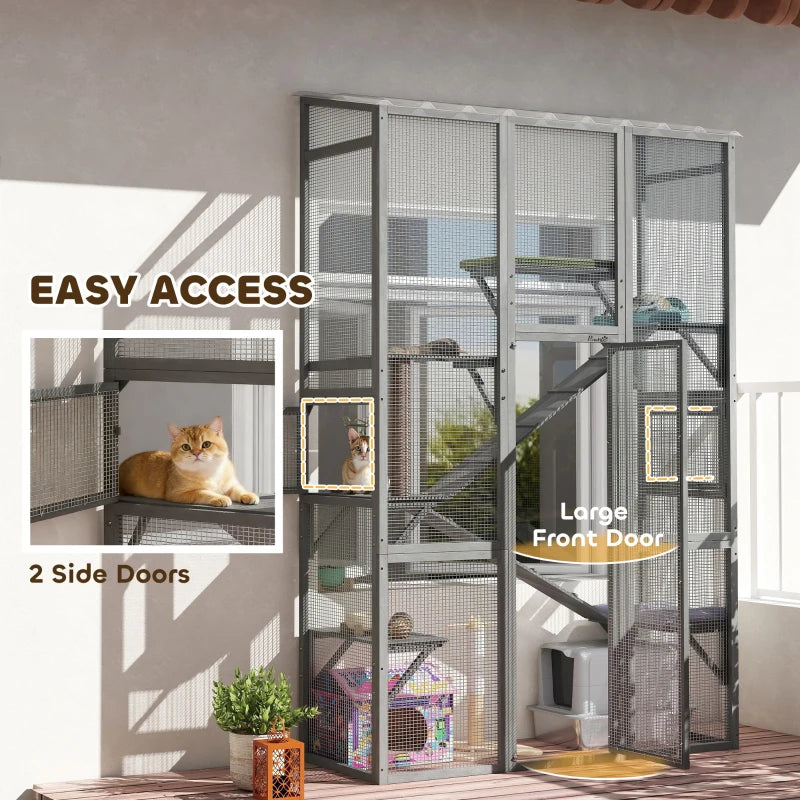 Wooden Catio Outdoor Cat Enclosure with 6 Jumping Platforms, Scratching Post, 2 Ramps, Waterproof Roof, Grey