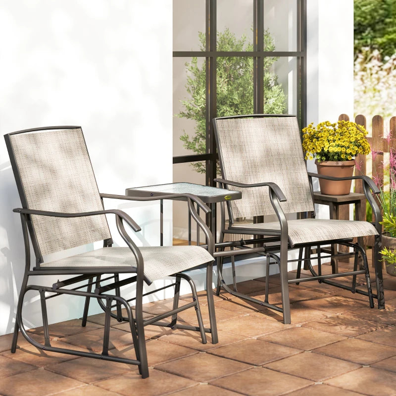Double Patio Glider Chair with Glass Top Center Table, Outdoor Glider Loveseat with High Back, All Weather Breathable Mesh Fabric for Garden, Backyard, Deck, Light Brown