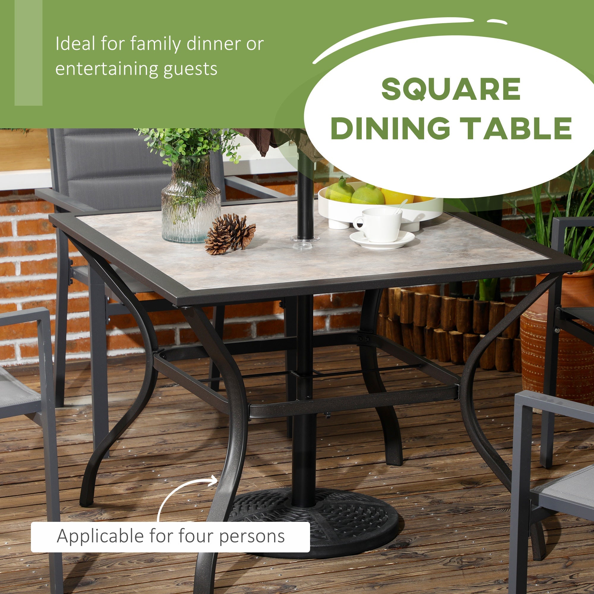 Outsunny Square Patio Table for 4 with Umbrella Hole, Φ1.5", Outdoor Stonewashed Dining Table with PC Board Table for Patio, Grey