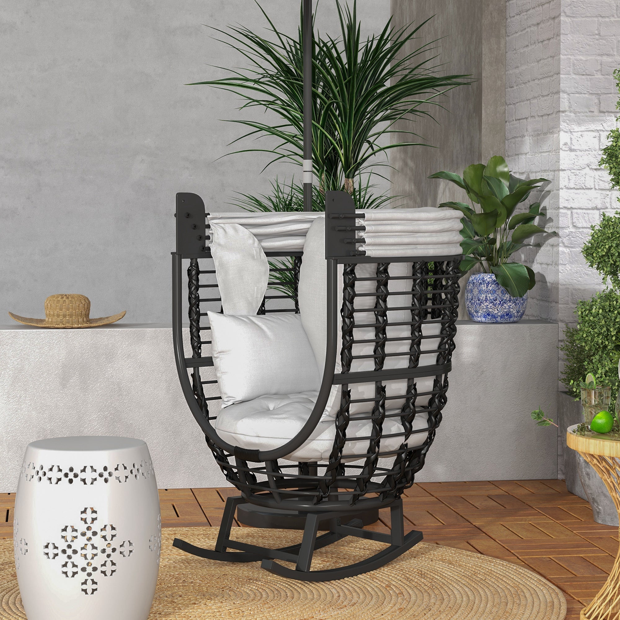 Outsunny Rattan Rocking Chair with Canopy - Cushioned Outdoor Lounger for Garden, Balcony, Porch, Patio in Grey